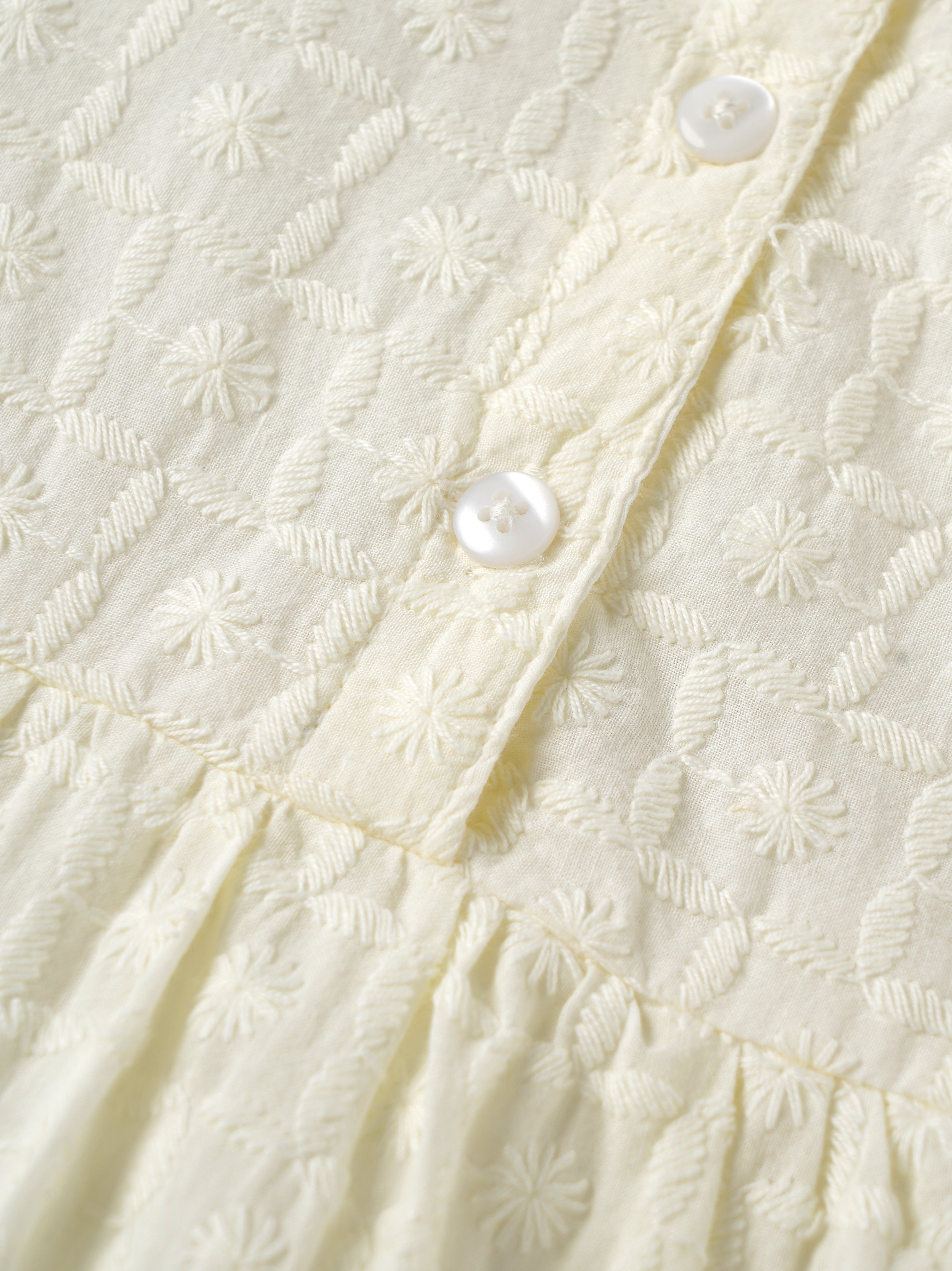 Popees Baby Girls Embroidered Puff Sleeve Dress | Soft Textured Cotton Party Dress | Off White | 3-24 Months