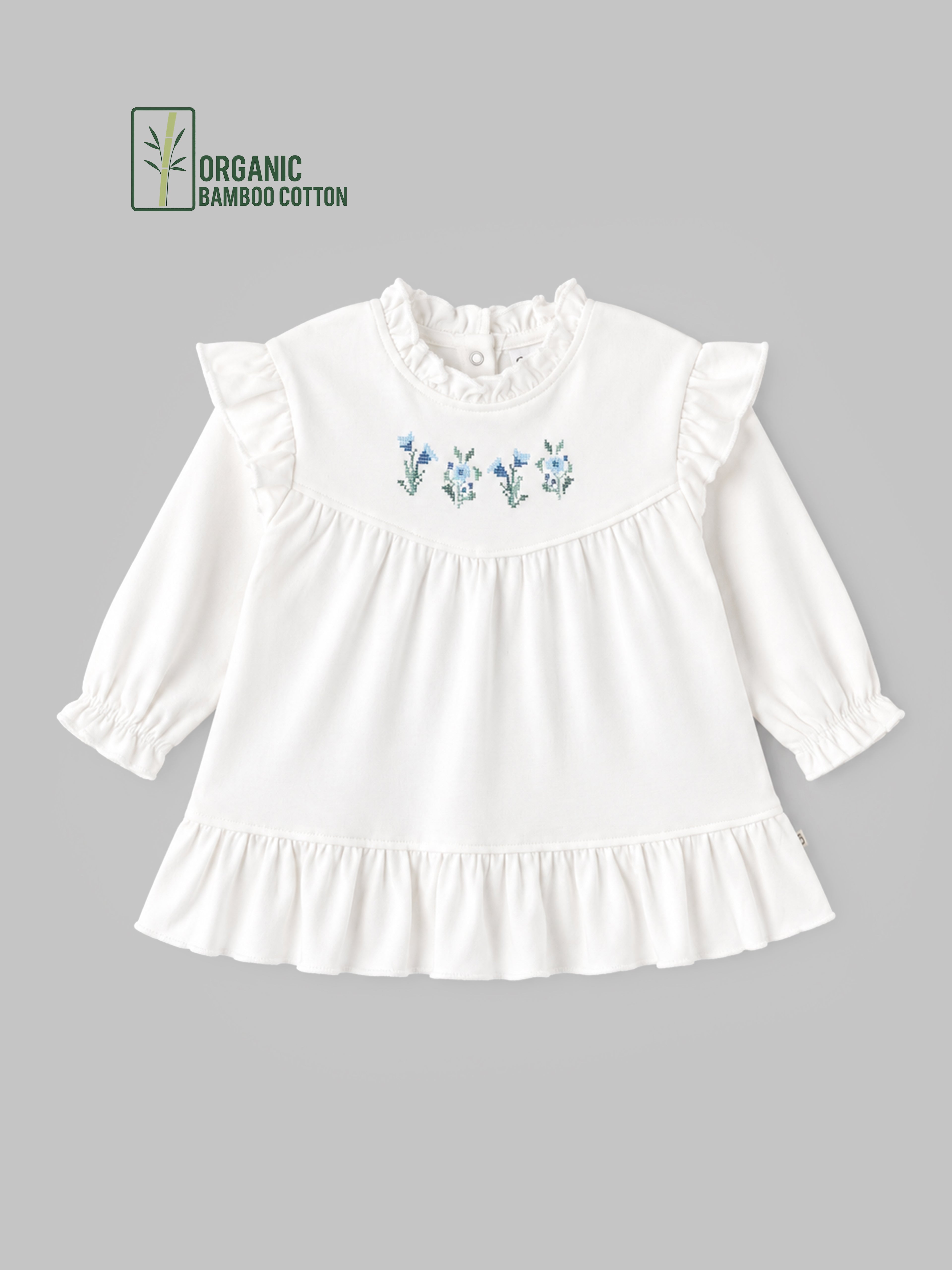 Popees Short-Sleeve Back Open Dress Made of Organic Bamboo Cotton Fabric (3-24 Months) for Baby Girls