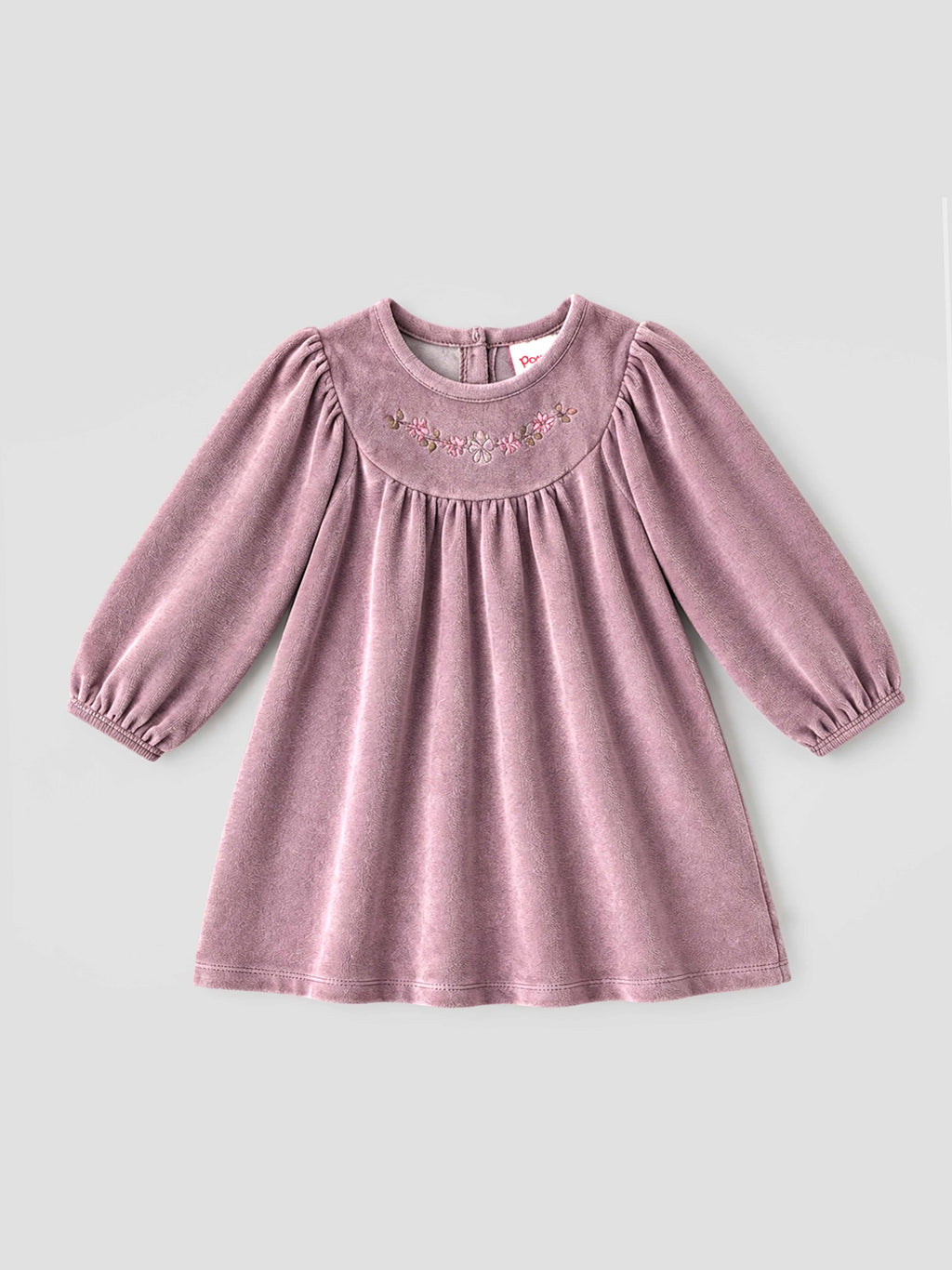 Popees Baby Girls Floral Embroidered Dress | Cloud Grey Full Sleeve Round Neck A-Line Dress  |3–24 Months|