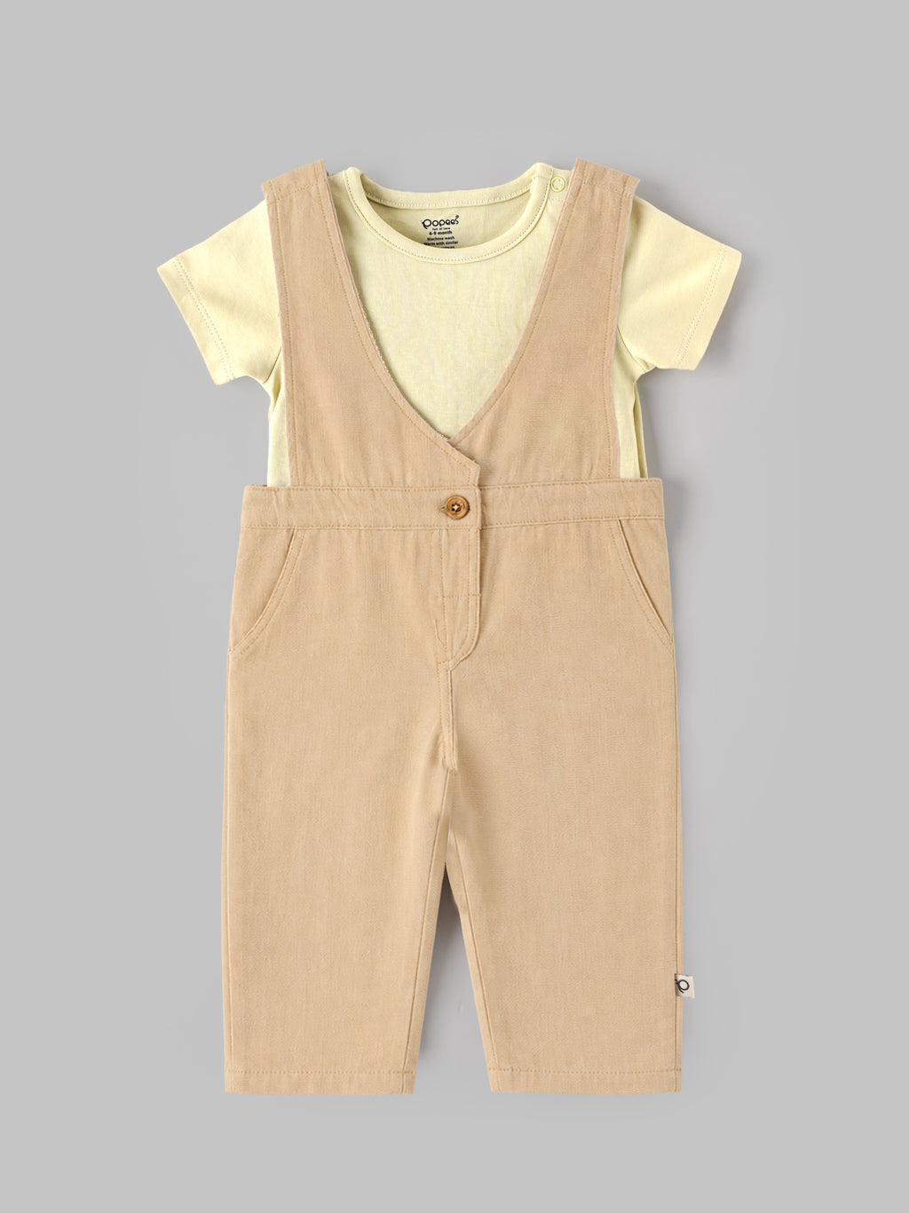 Popees Baby Girls Stylish Cotton Dungaree Set with Half Sleeve T-Shirt | Comfortable Casual Dungaree Outfit | Beige 3–24 Months