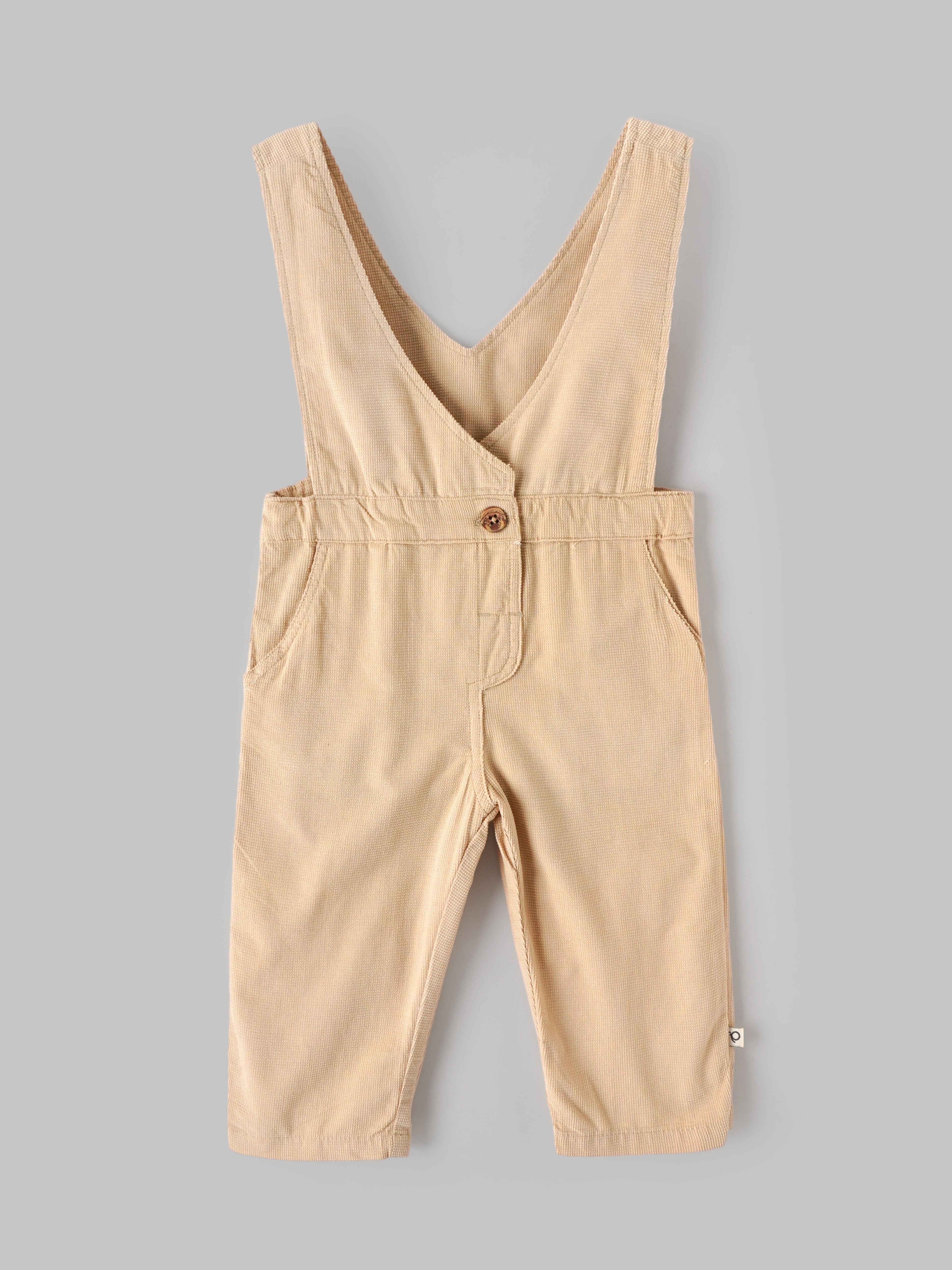Popees Baby Girls Stylish Dungaree Set with Half Sleeve T-Shirt | Comfortable Full-Length Casual Dungaree Outfit | Beige & White 3–24 Months