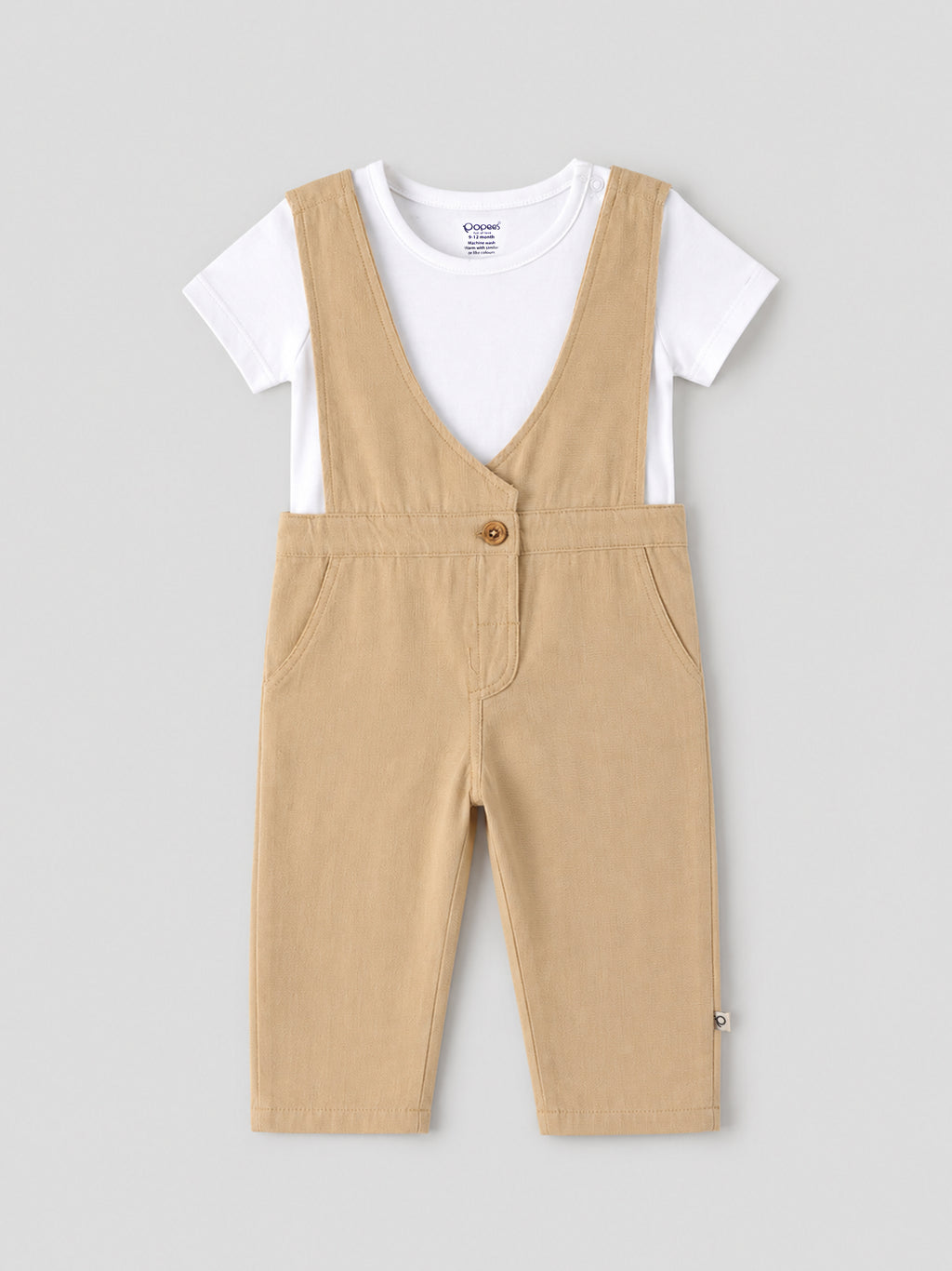 Popees Baby Girls Stylish Dungaree Set with Half Sleeve T-Shirt | Comfortable Full-Length Casual Dungaree Outfit | Beige & White 3–24 Months