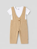 Popees Baby Girls Stylish Dungaree Set with Half Sleeve T-Shirt | Comfortable Full-Length Casual Dungaree Outfit | Beige & White 3–24 Months