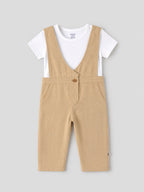 Popees Baby Girls Stylish Dungaree Set with Half Sleeve T-Shirt | Comfortable Full-Length Casual Dungaree Outfit | Beige & White 3–24 Months