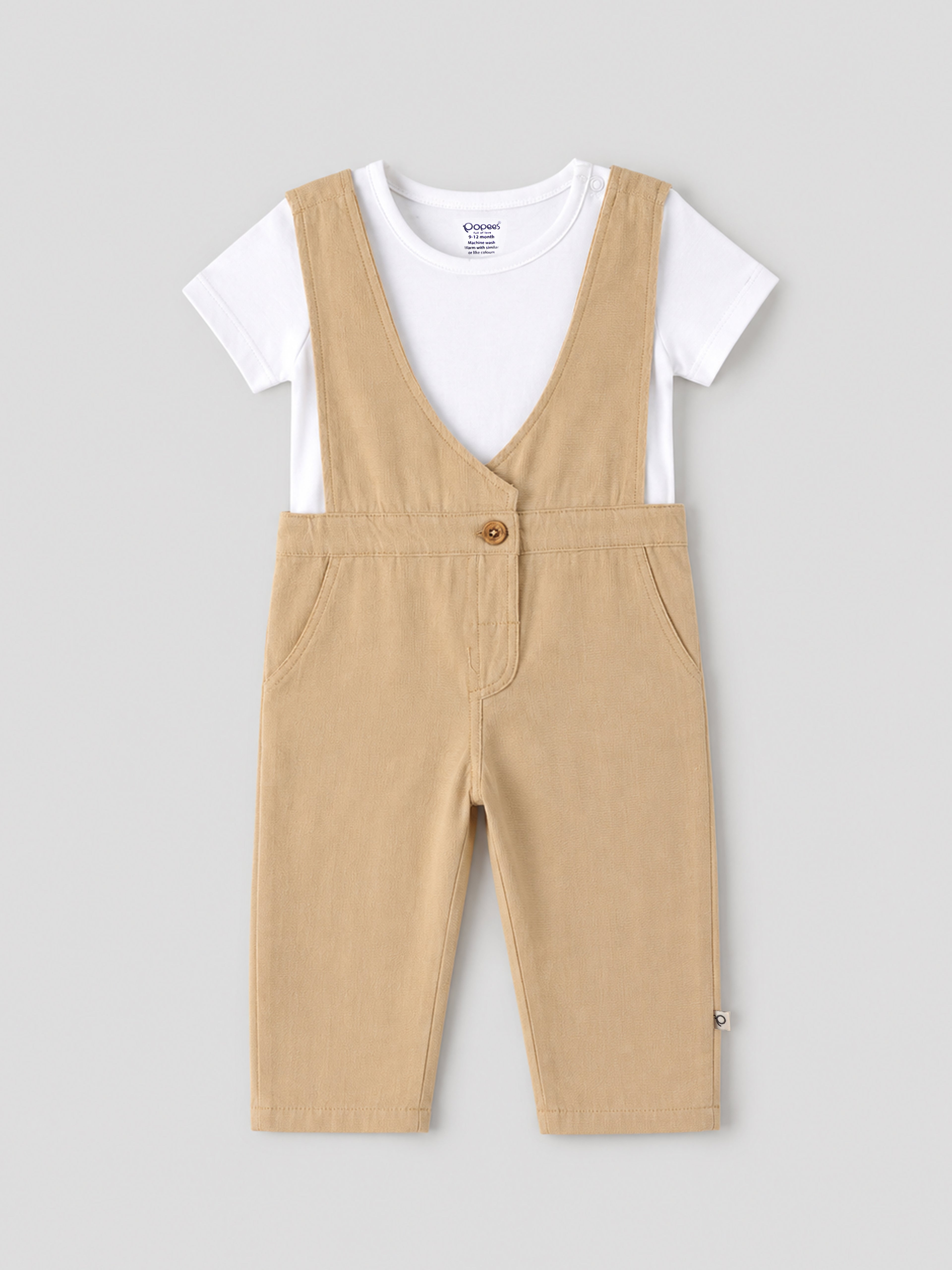 Popees Baby Girls Stylish Dungaree Set with Half Sleeve T-Shirt | Comfortable Full-Length Casual Dungaree Outfit | Beige & White 3–24 Months