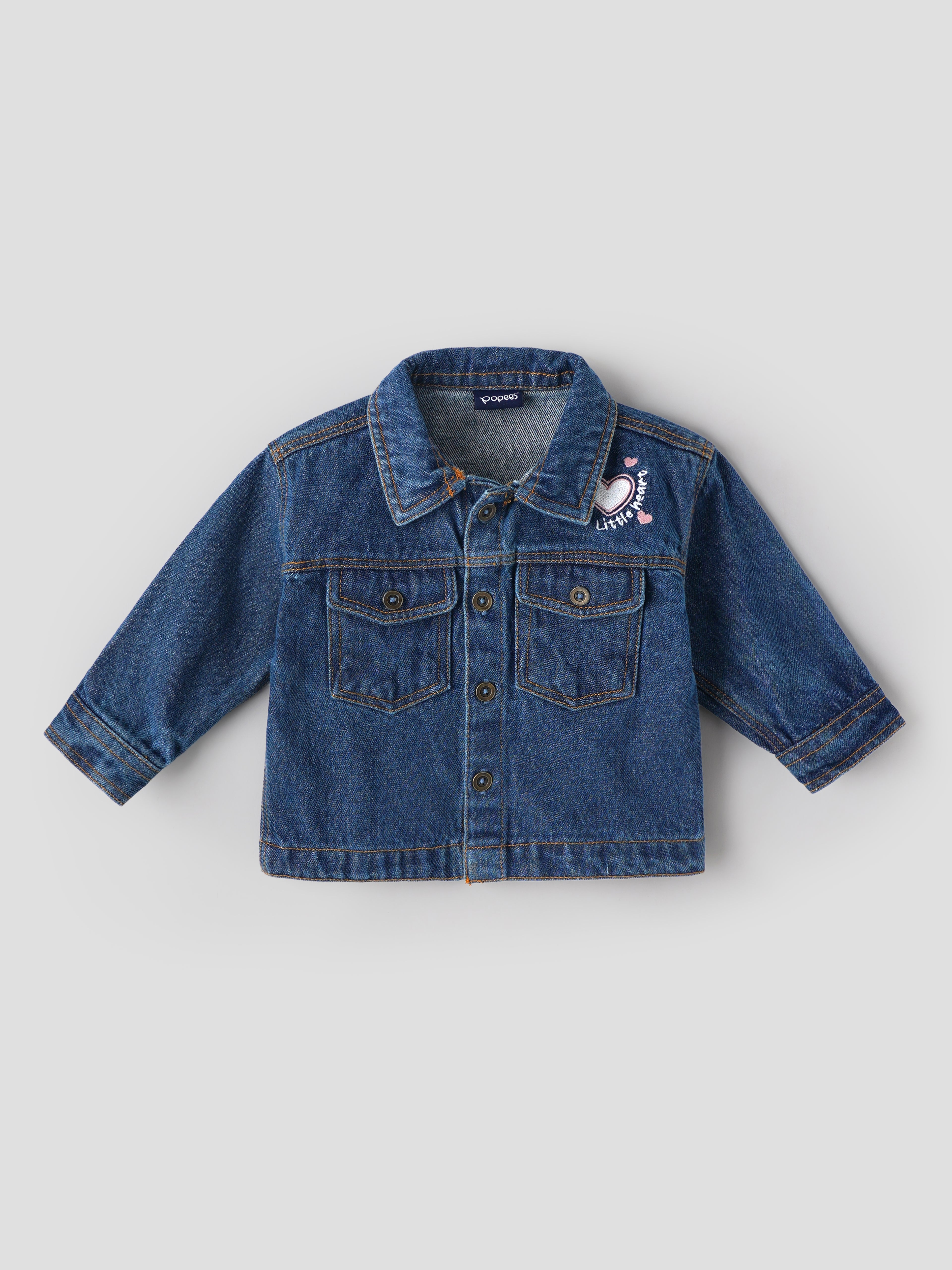 Popees Baby Girls Stylish Denim Shirt | Full Sleeve Button-Down Denim Shirt with Front Pockets & Heart Embroidery | Comfortable Casual Outerwear | 3-36 Months