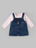 Popees Baby Girls Denim Pinny Set with Cotton Top| Pink & Blue| 3 - 24 Months