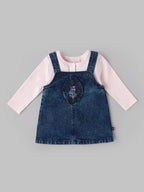 Popees Baby Girls Denim Pinny Set with Cotton Top| Pink & Blue| 3 - 24 Months
