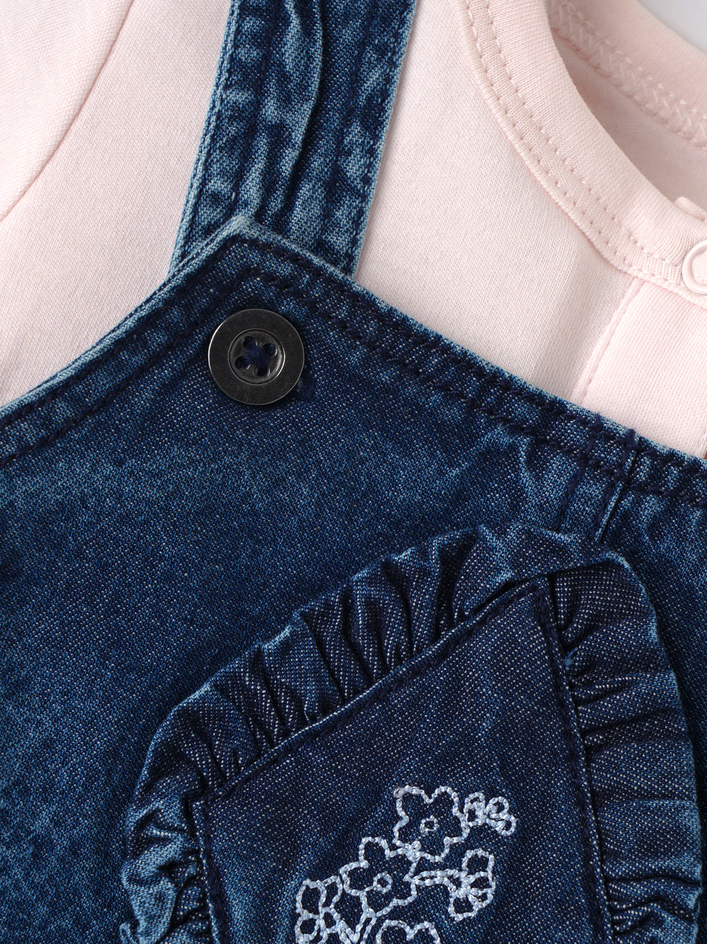 Popees Baby Girls Denim Pinny Set with Cotton Top| Pink & Blue| 3 - 24 Months