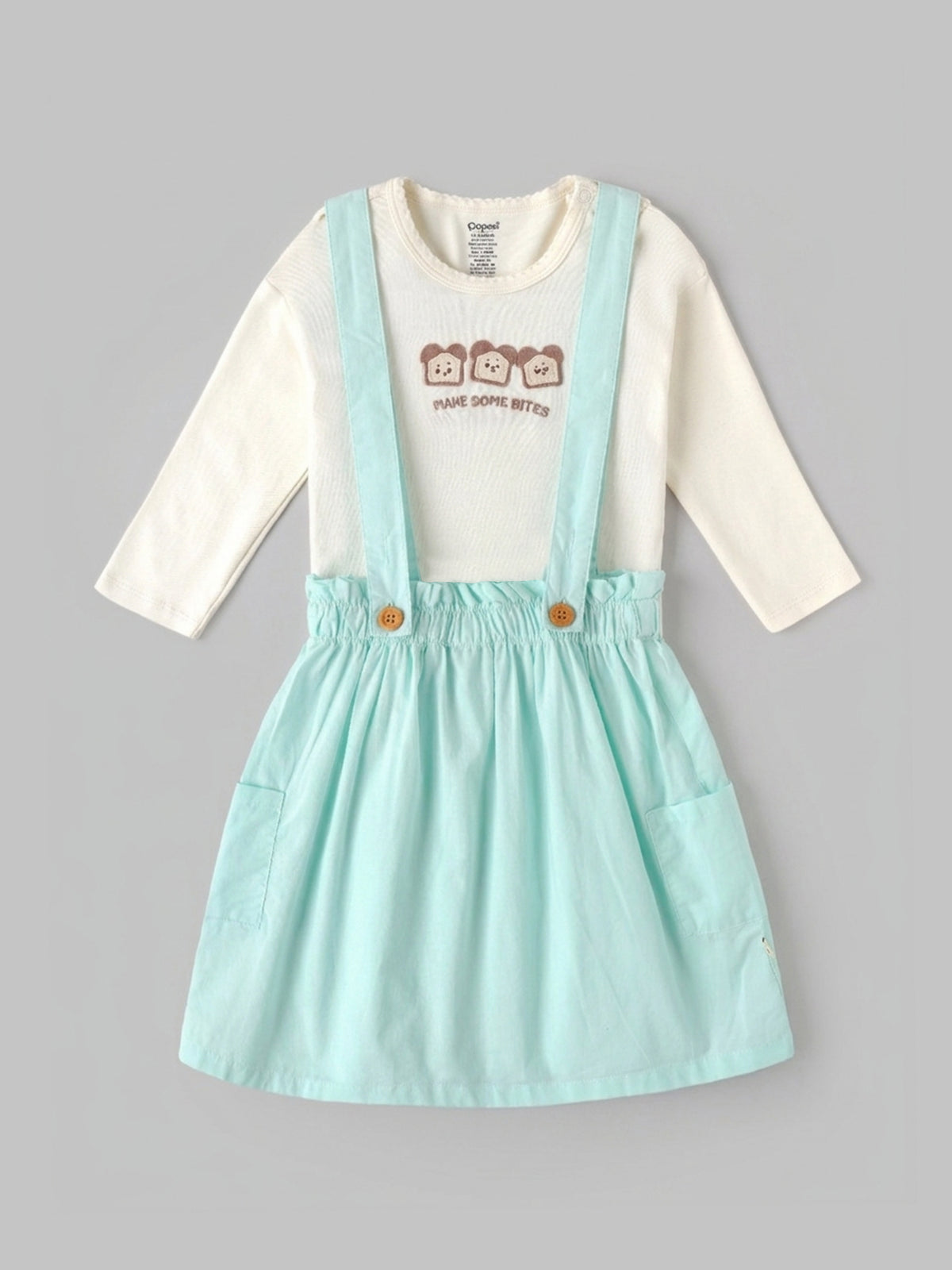 Popees Baby Girls Cute & Stylish Suspender Dress Set | Full Sleeve Printed Top with Button Suspender Skirt & Side Pockets | Comfortable Casual Wear Set | 3-24 Months