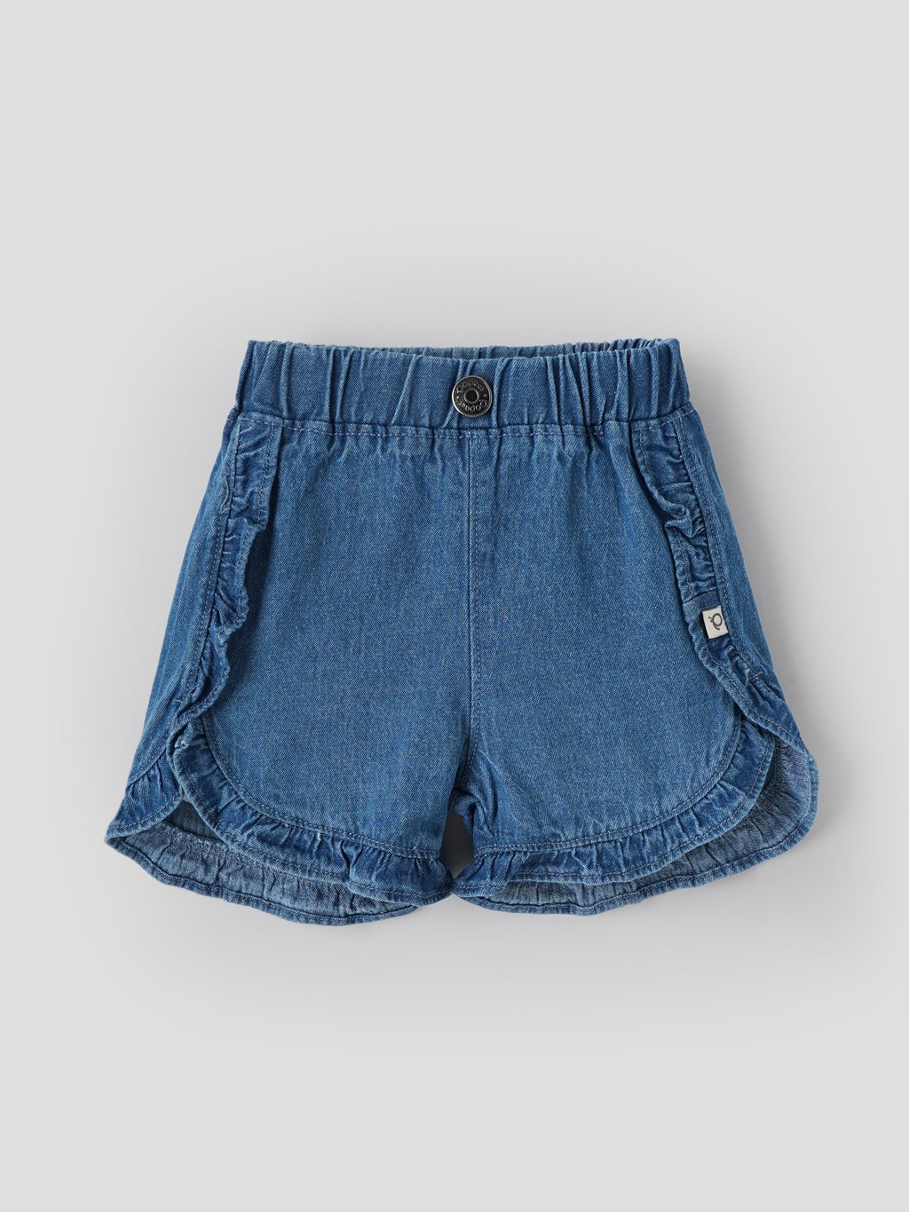 Popees Baby Girls Stylish Denim Ruffle Shorts | Soft & Comfortable Elasticated Waist Shorts with Frilled Hem | Blue | Casual & Everyday Wear| 3–36 Months