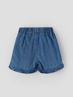 Popees Baby Girls Stylish Denim Ruffle Shorts | Soft & Comfortable Elasticated Waist Shorts with Frilled Hem | Blue | Casual & Everyday Wear| 3–36 Months