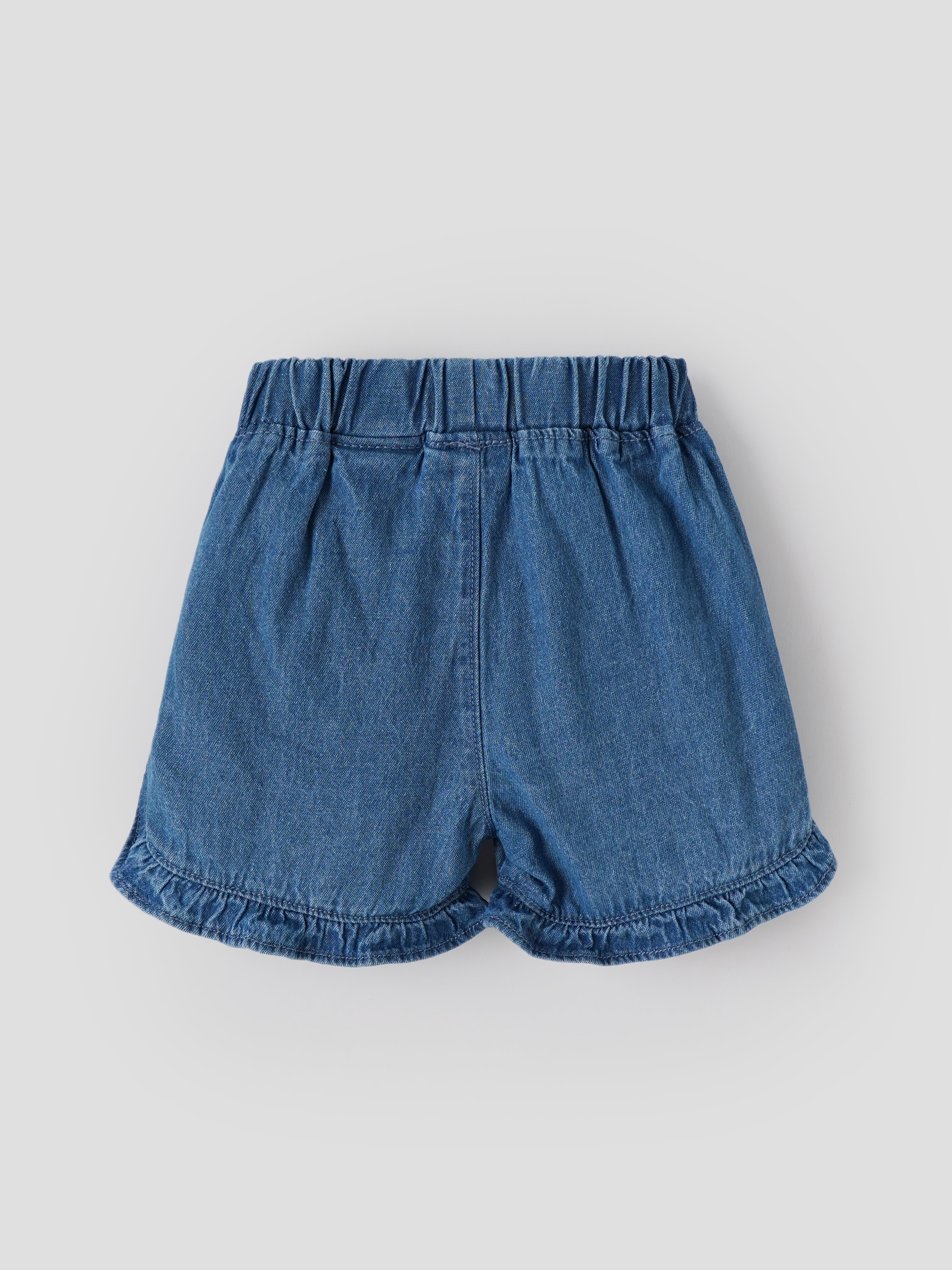 Popees Baby Girls Stylish Denim Ruffle Shorts | Soft & Comfortable Elasticated Waist Shorts with Frilled Hem | Blue | Casual & Everyday Wear| 3–36 Months