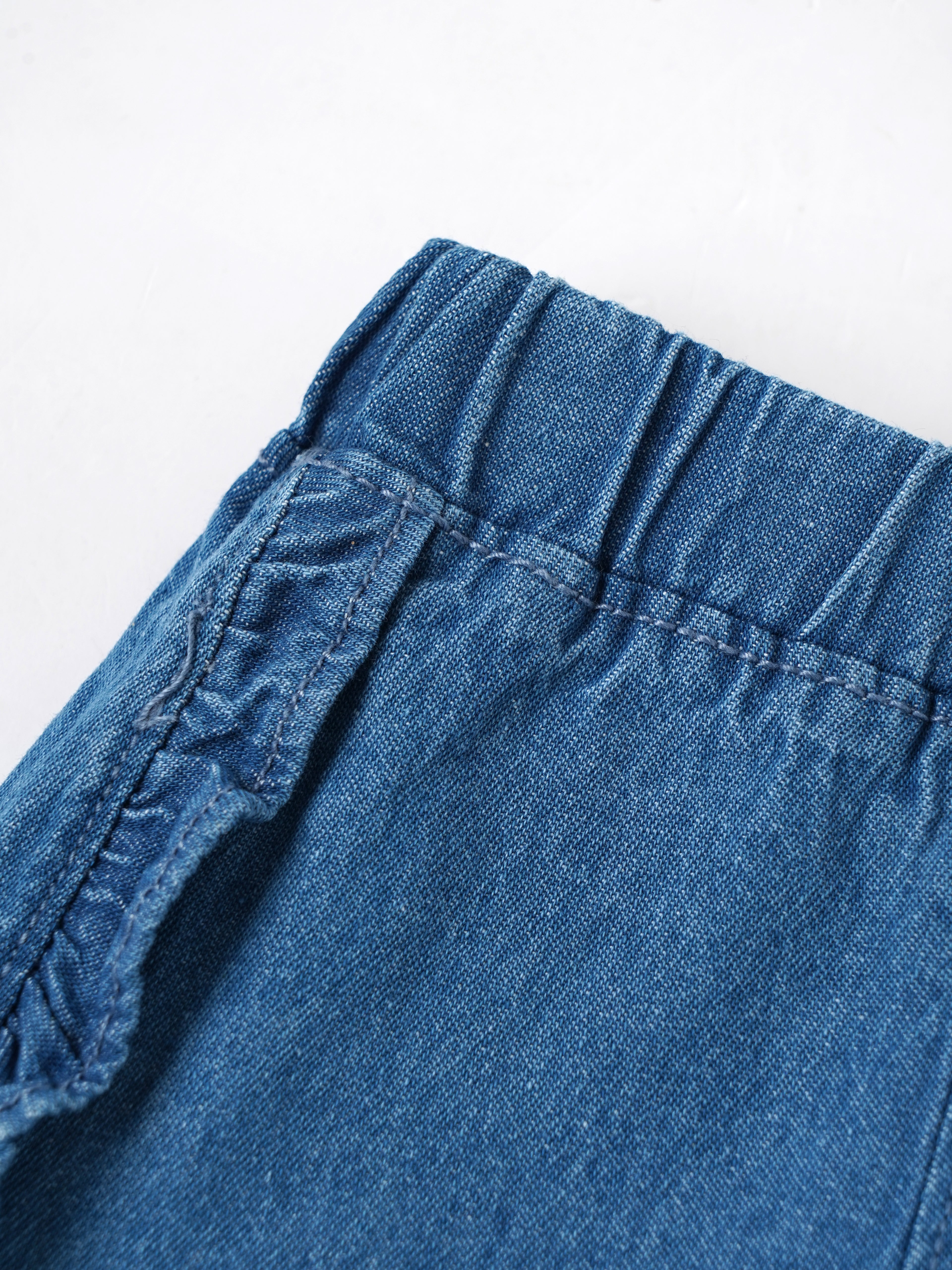Popees Baby Girls Stylish Denim Ruffle Shorts | Soft & Comfortable Elasticated Waist Shorts with Frilled Hem | Blue | Casual & Everyday Wear| 3–36 Months