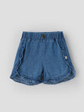 Popees Baby Girls Stylish Denim Ruffle Shorts | Soft & Comfortable Elasticated Waist Shorts with Frilled Hem | Blue | Casual & Everyday Wear| 3–36 Months