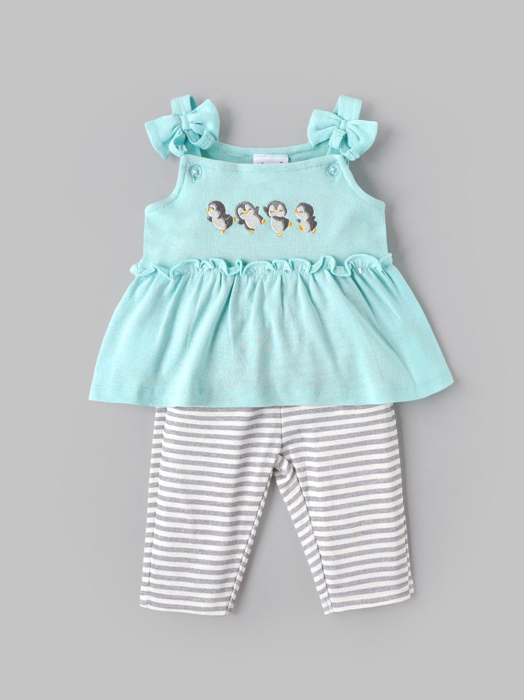Popees Baby Girls Penguin Embroidered  Top & Striped Leggings Set 3-24 Months