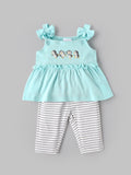 Popees Baby Girls Penguin Embroidered  Top & Striped Leggings Set 3-24 Months