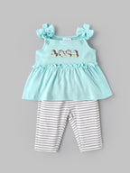 Popees Baby Girls Penguin Embroidered  Top & Striped Leggings Set 3-24 Months