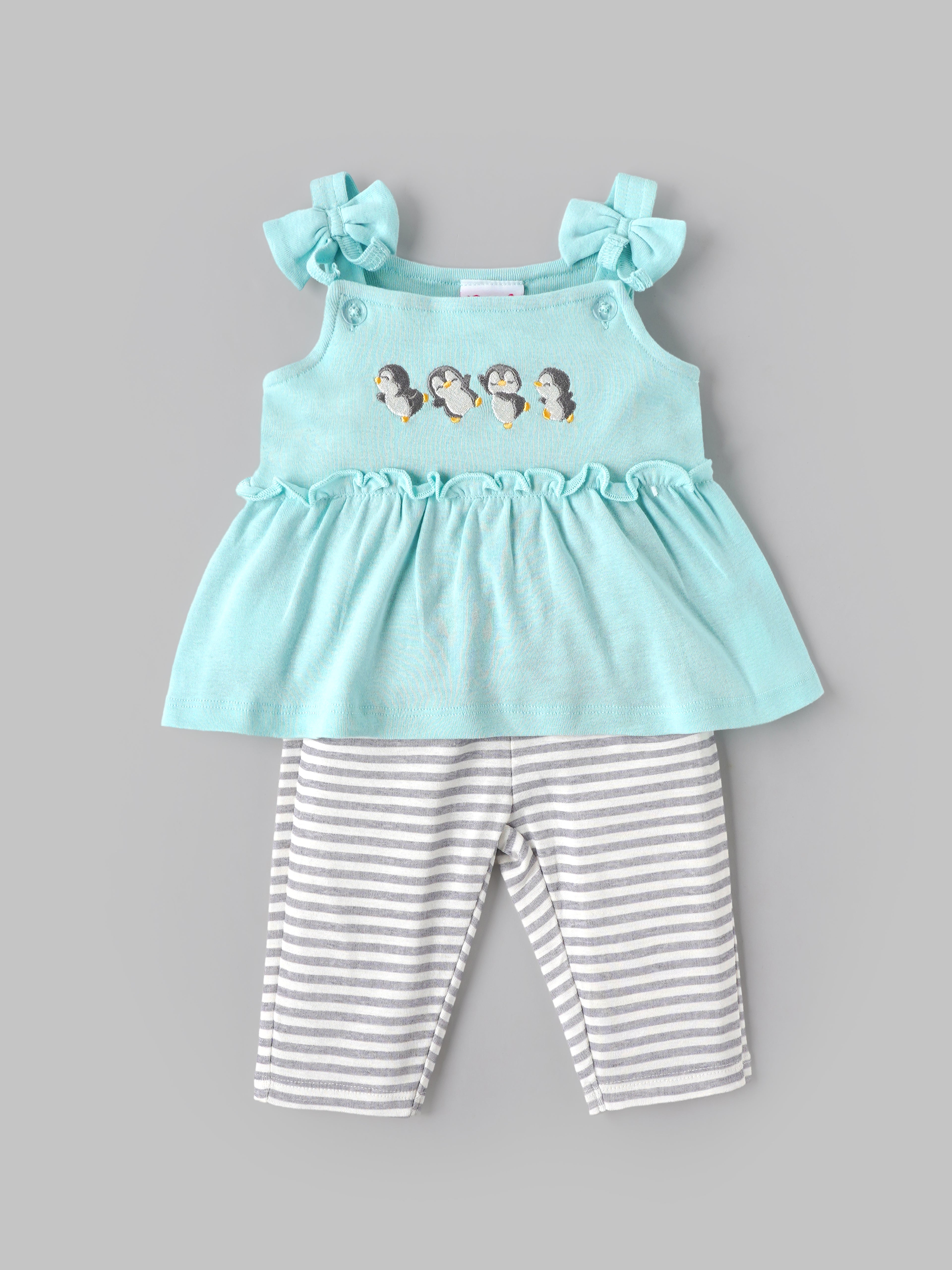 Popees Baby Girls Penguin Embroidered  Top & Striped Leggings Set 3-24 Months