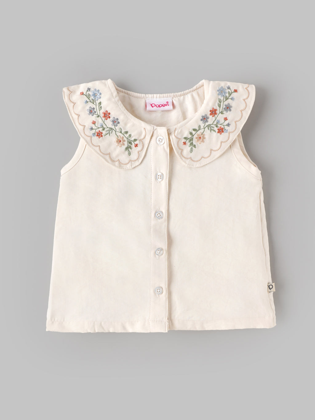 Popees Baby Girls Stylish Embroidered Top & Pants Set | Sleeveless Floral Collar Top with Comfortable Wide-Leg Pants | Off White|3 to 9 Months