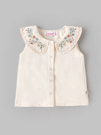 Popees Baby Girls Stylish Embroidered Top & Pants Set | Sleeveless Floral Collar Top with Comfortable Wide-Leg Pants | Off White|3 to 9 Months
