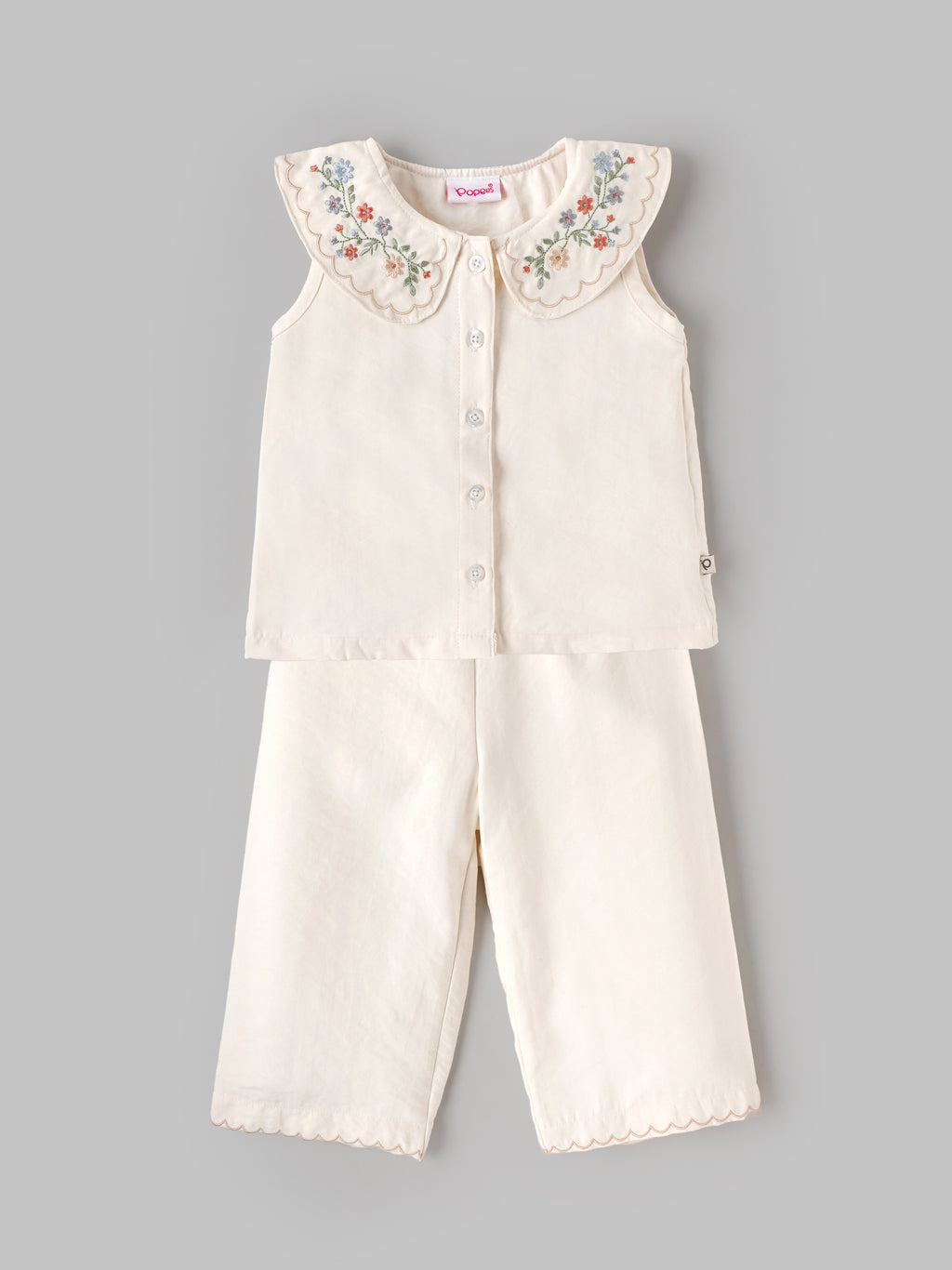 Popees Baby Girls Stylish Embroidered Top & Pants Set | Sleeveless Floral Collar Top with Comfortable Wide-Leg Pants | Off White|3 to 9 Months