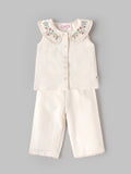 Popees Baby Girls Stylish Embroidered Top & Pants Set | Sleeveless Floral Collar Top with Comfortable Wide-Leg Pants | Off White|3 to 9 Months