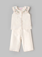 Popees Baby Girls Stylish Embroidered Top & Pants Set | Sleeveless Floral Collar Top with Comfortable Wide-Leg Pants | Off White|3 to 9 Months