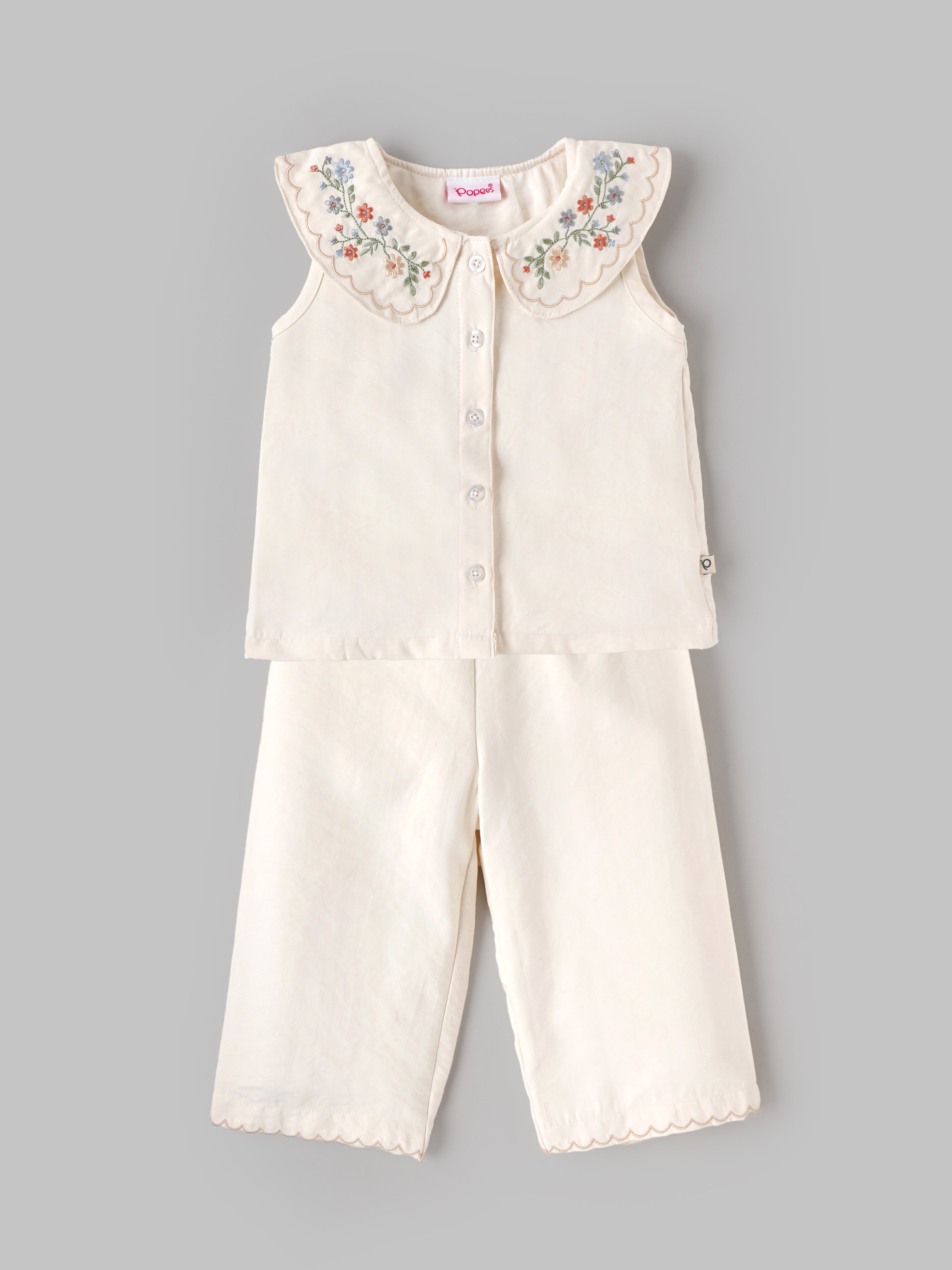 Popees Baby Girls Stylish Embroidered Top & Pants Set | Sleeveless Floral Collar Top with Comfortable Wide-Leg Pants | Off White|3 to 9 Months