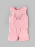 Popees Baby Girls Pink Sleeveless Top & Shorts Set | Butterfly Embroidery|3-24 Months