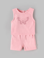 Popees Baby Girls Pink Sleeveless Top & Shorts Set | Butterfly Embroidery|3-24 Months