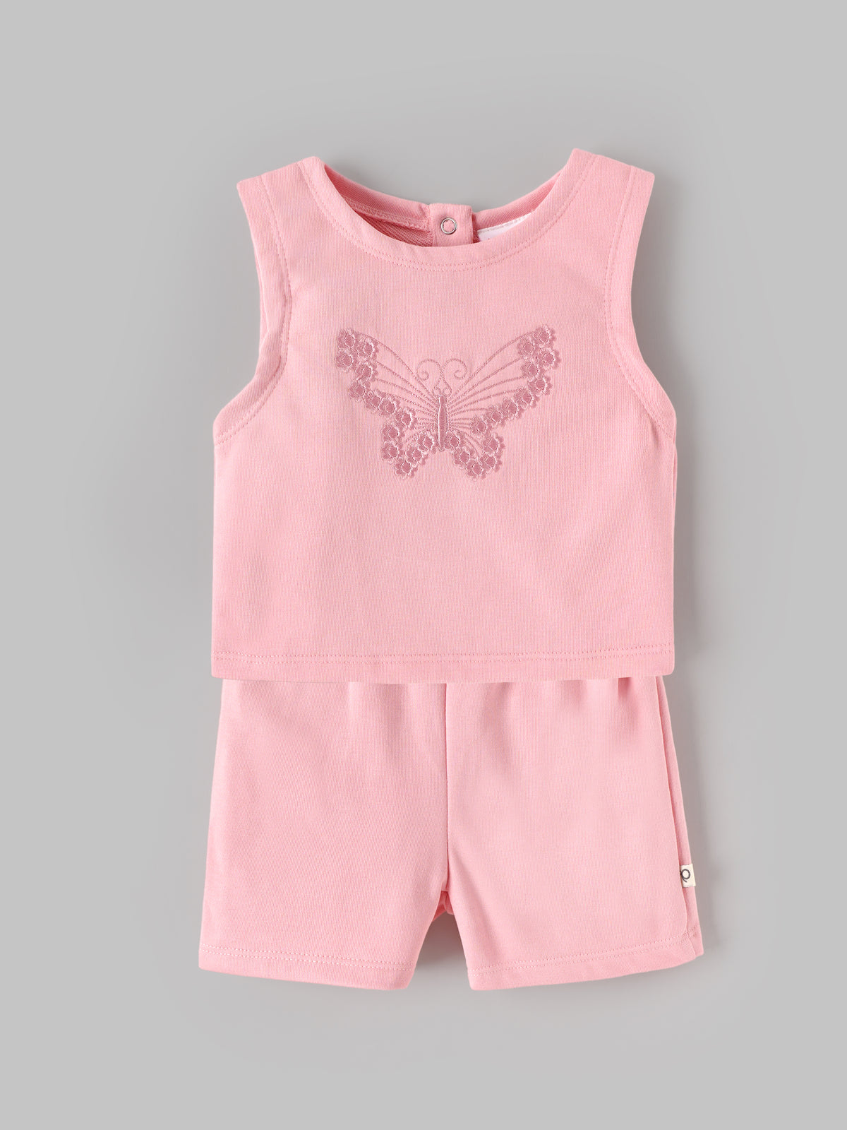 Popees Baby Girls Pink Sleeveless Top & Shorts Set | Butterfly Embroidery|3-24 Months