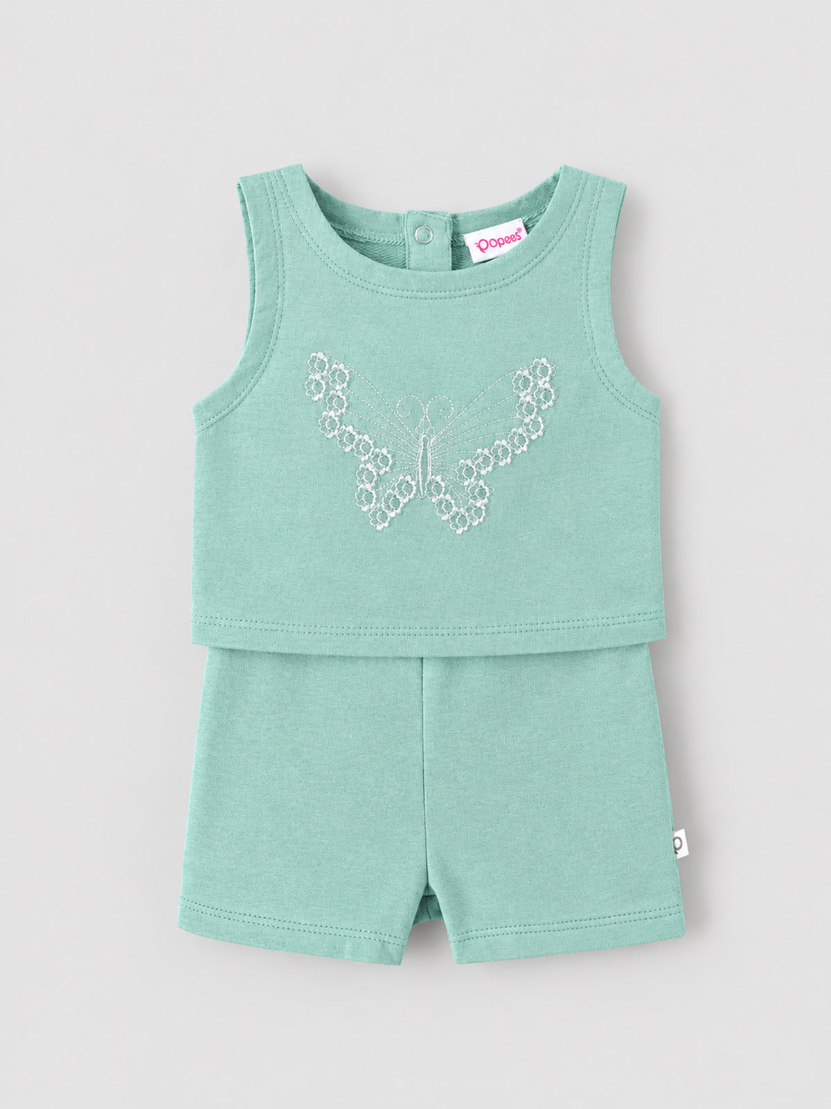 Popees Baby Girls Green Sleeveless Top & Shorts Set | Butterfly Embroidery  |3-24 Months