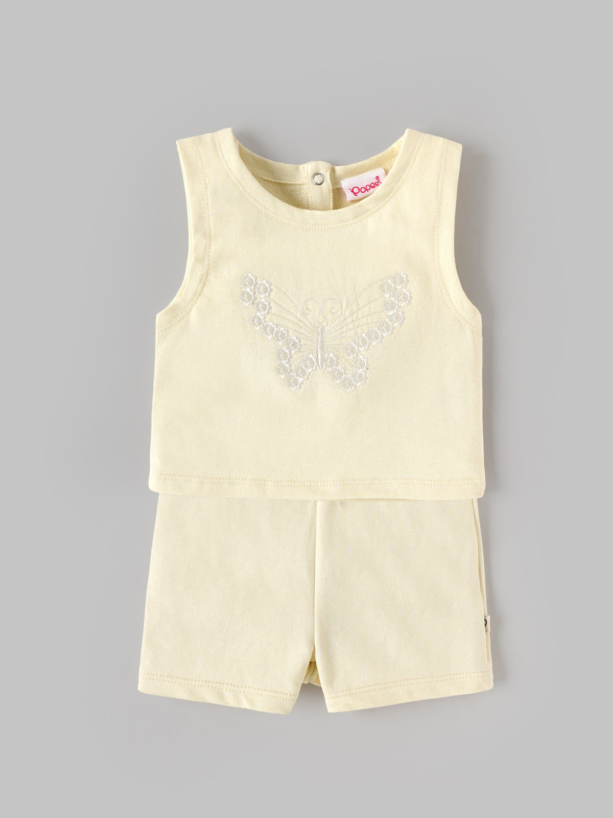 Popees Baby Girls Butterfly Top & Shorts Set | Sleeveless Embroidered Top with Matching Shorts|3-24 Months