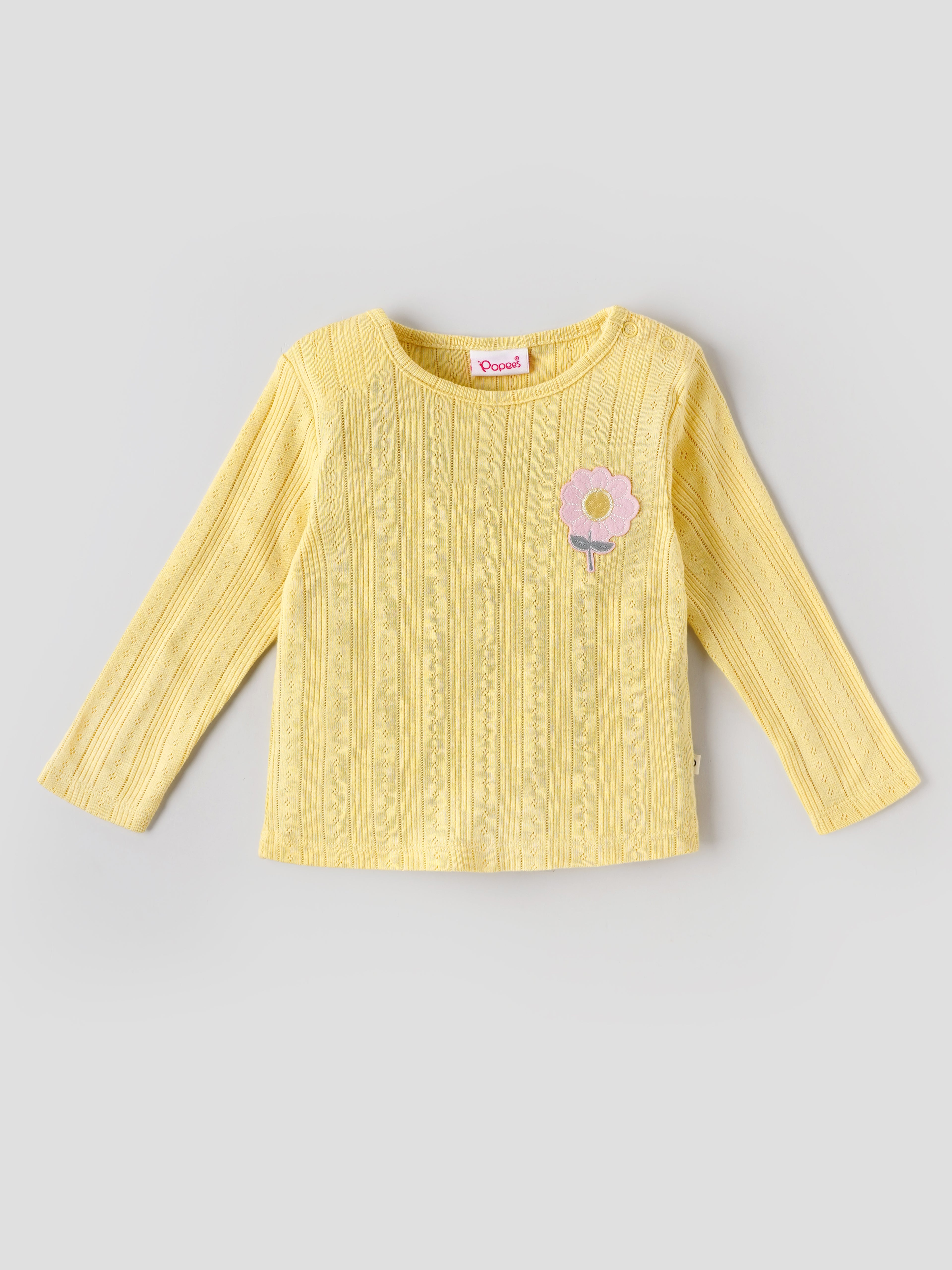 Popees Baby Girls Floral Embroidered Full Sleeve T-Shirt | Soft Pointelle Cotton Knit Top |3-24 Months
