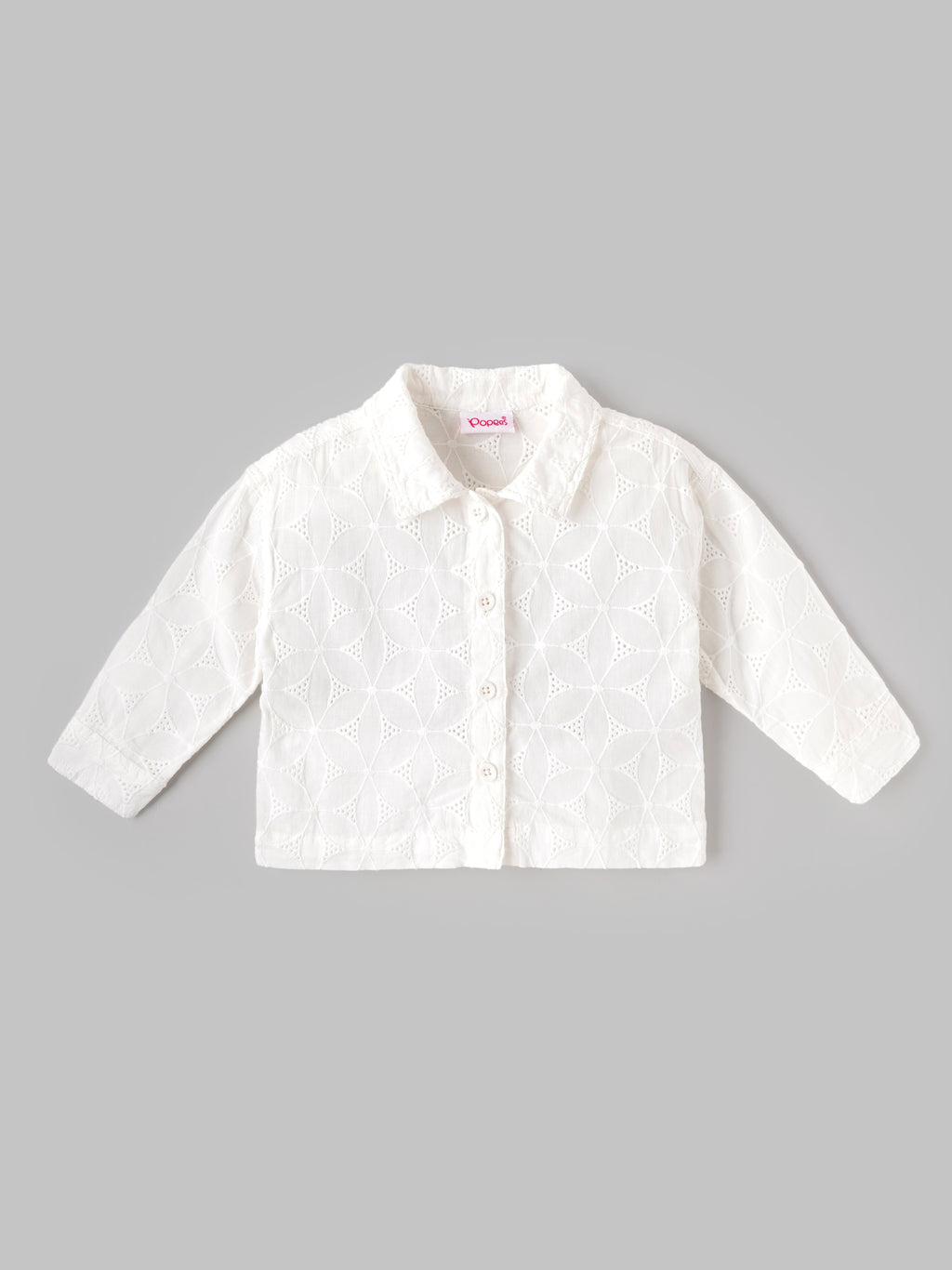 Popees Girls White Floral Eyelet Embroidered Full Sleeve Shirt with Collared Neck | Button Front Casual Top | Stylish & Comfortable Wear |3 to 24 Months