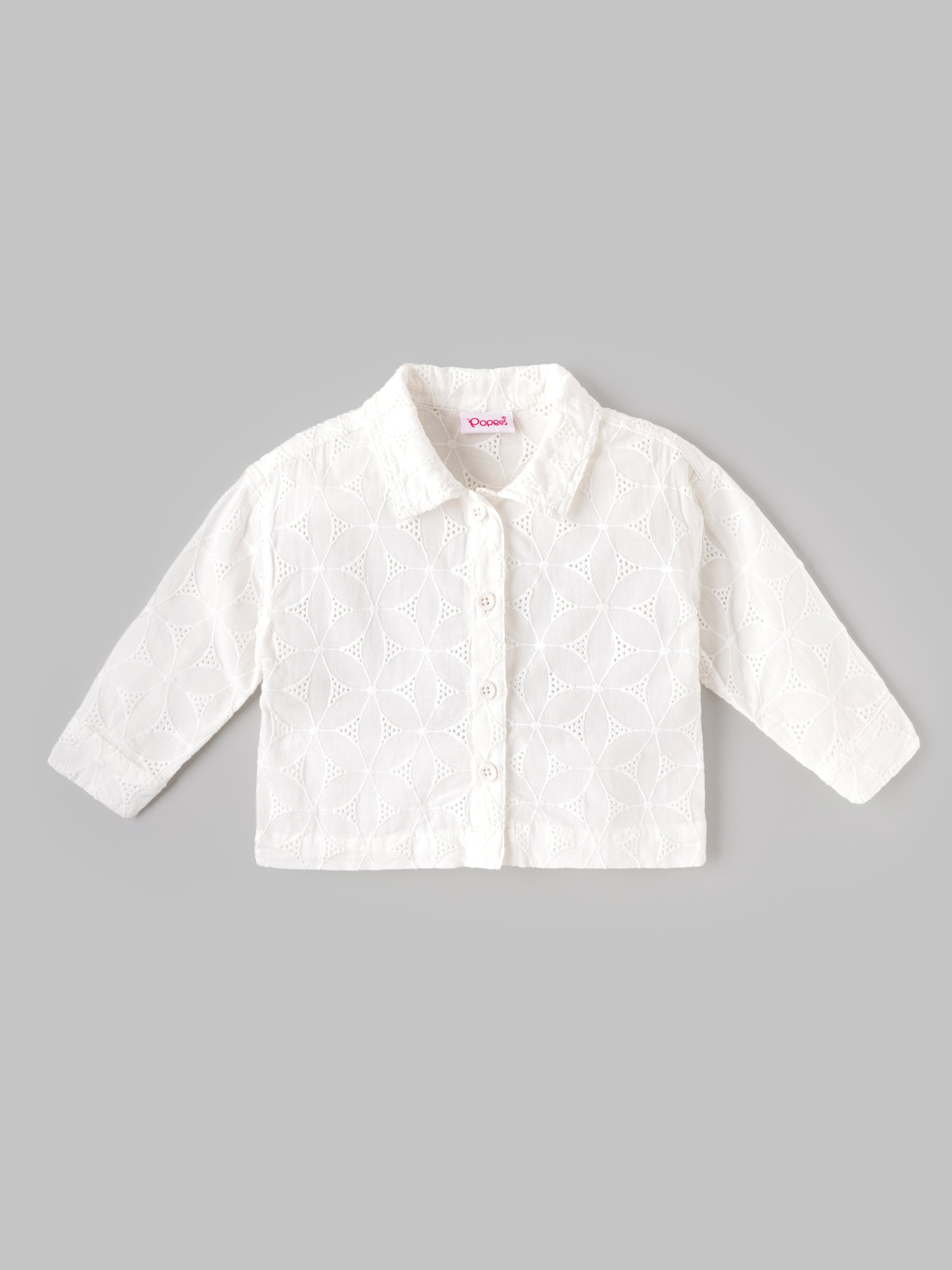 Popees Girls White Floral Eyelet Embroidered Full Sleeve Shirt with Collared Neck | Button Front Casual Top | Stylish & Comfortable Wear |3 to 24 Months