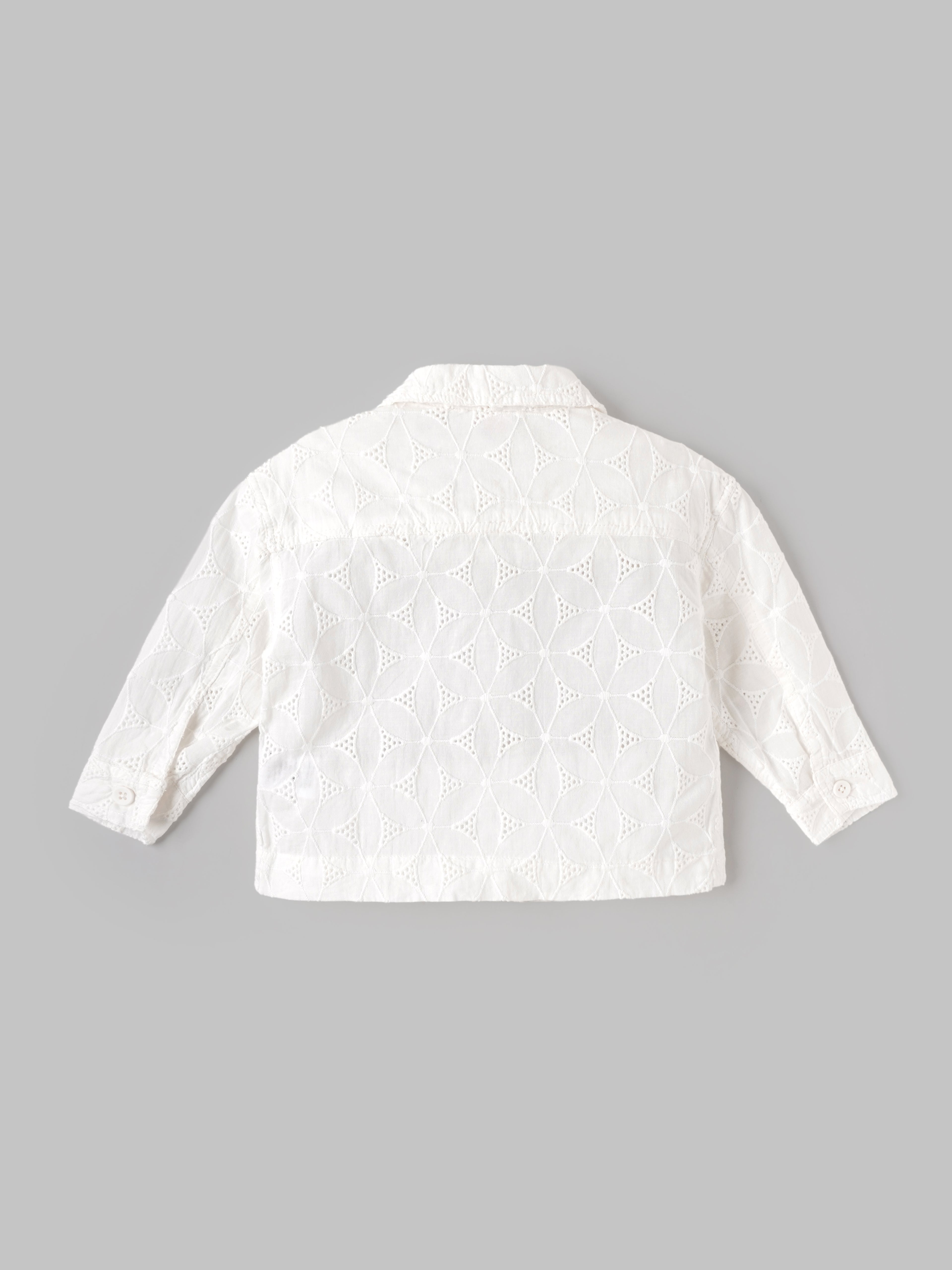 Popees Girls White Floral Eyelet Embroidered Full Sleeve Shirt with Collared Neck | Button Front Casual Top | Stylish & Comfortable Wear |3 to 24 Months
