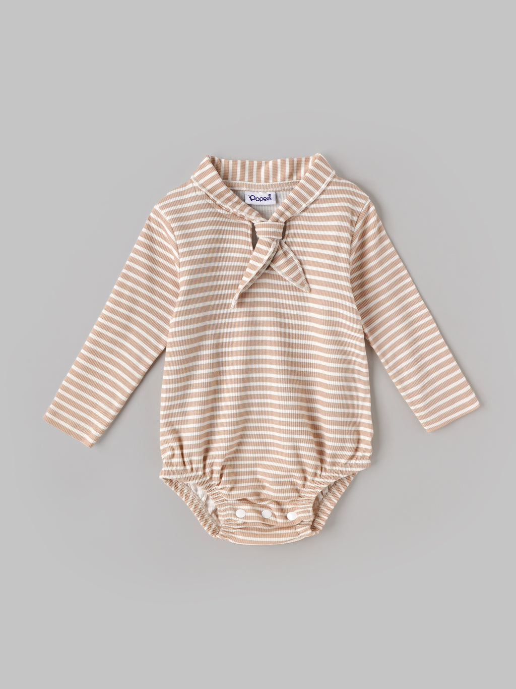 Popees Baby Boys Brown and White Striped Full Sleeve Romper with Stylish Collar and Bow Detail |0- 9 Months