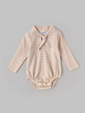 Popees Baby Boys Brown and White Striped Full Sleeve Romper with Stylish Collar and Bow Detail |0- 9 Months