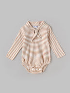 Popees Baby Boys Brown and White Striped Full Sleeve Romper with Stylish Collar and Bow Detail |0- 9 Months