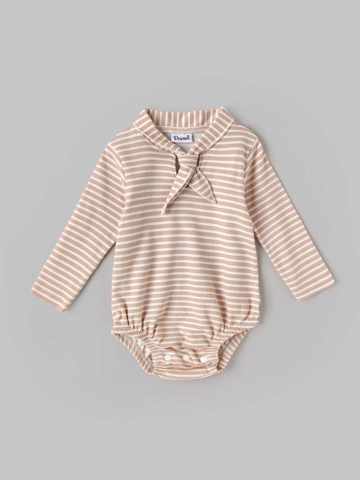 Popees Baby Boys Brown and White Striped Full Sleeve Romper with Stylish Collar and Bow Detail |0- 9 Months