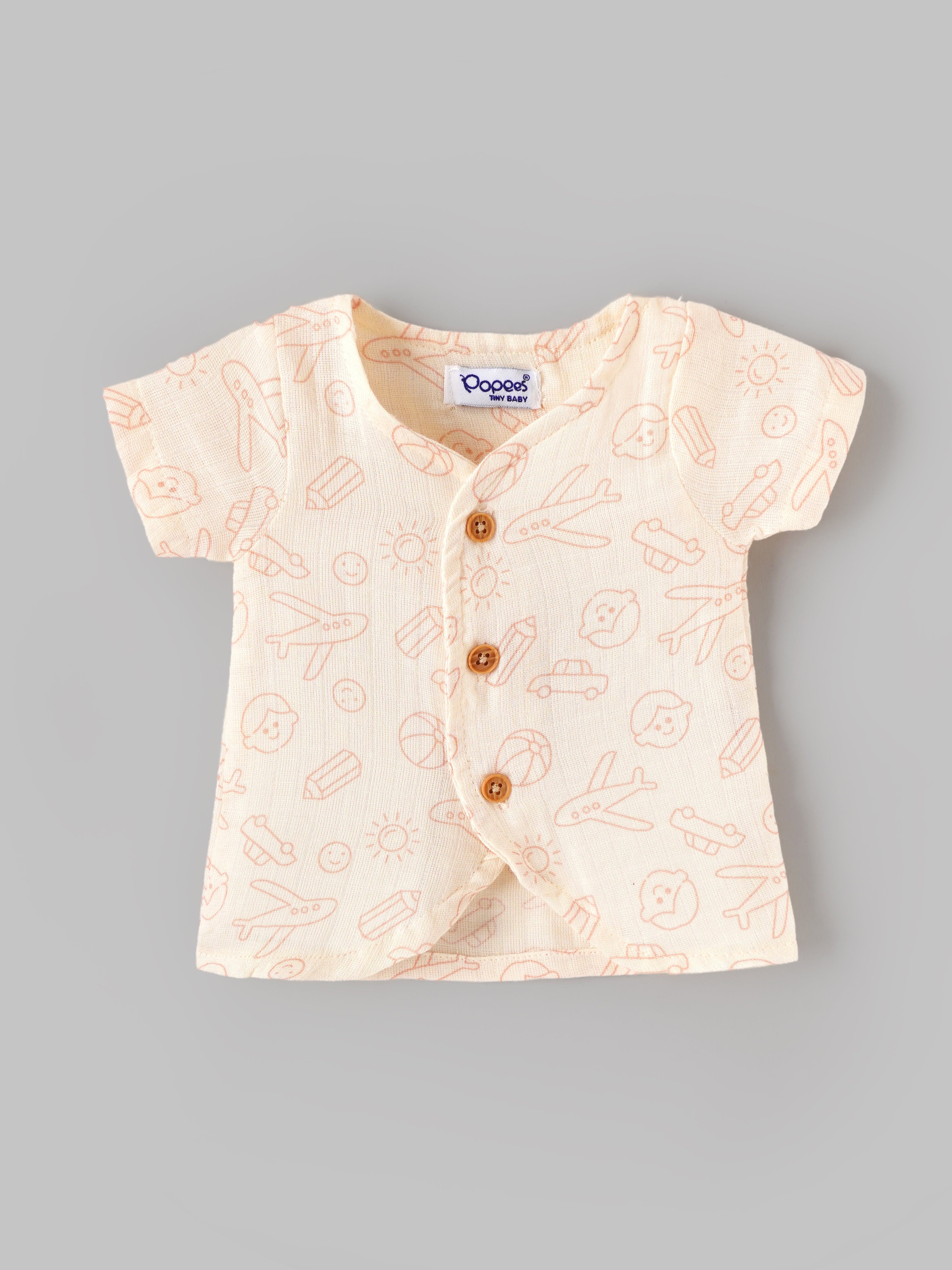 Popees Tiny Baby Printed Muslin Wrap Style Half Sleeve Jhabla for Boys | Soft Breathable Cotton Front Button Top | Cream Multi Print | 0–6 Months