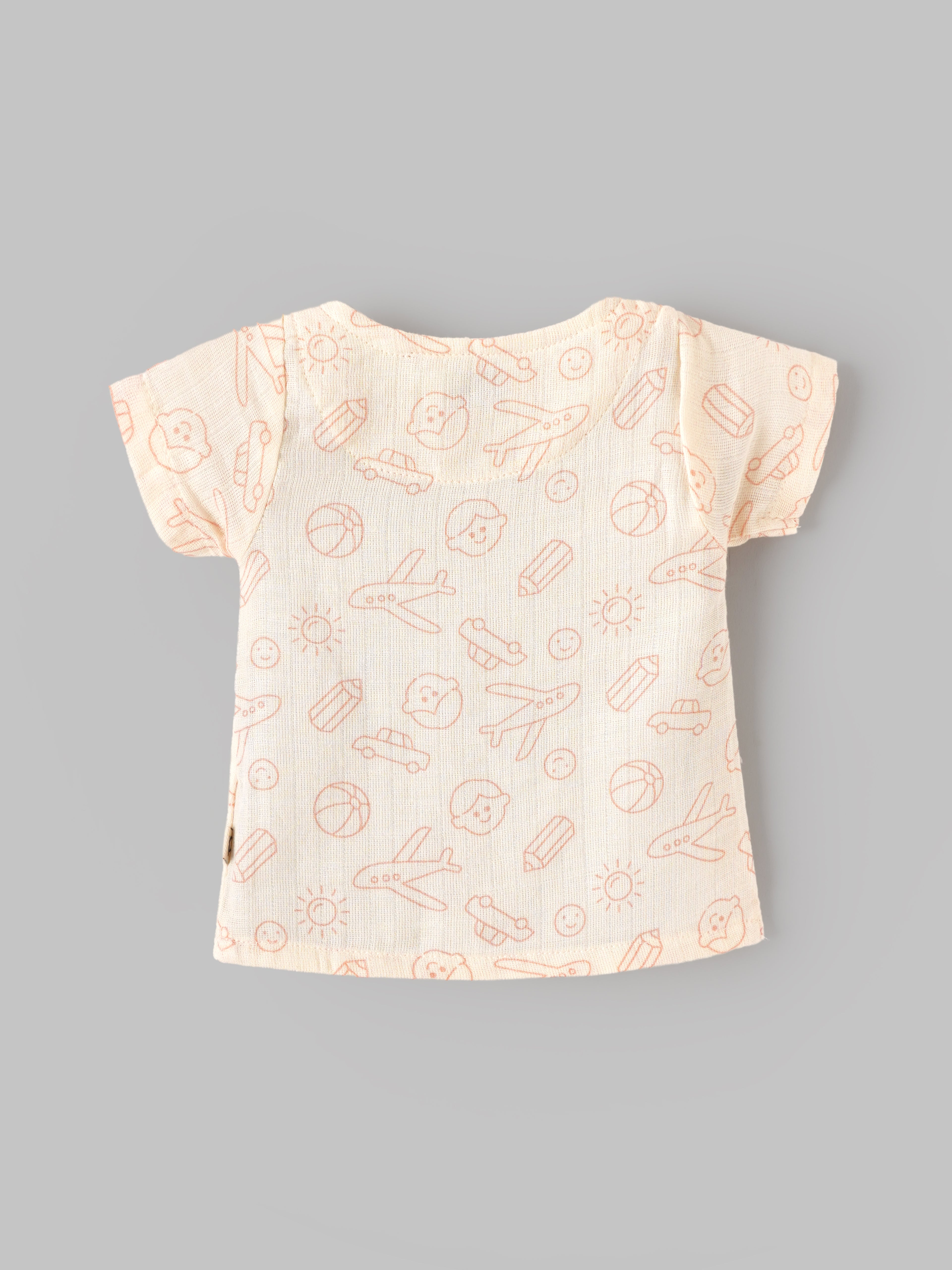 Popees Tiny Baby Printed Muslin Wrap Style Half Sleeve Jhabla for Boys | Soft Breathable Cotton Front Button Top | Cream Multi Print | 0–6 Months
