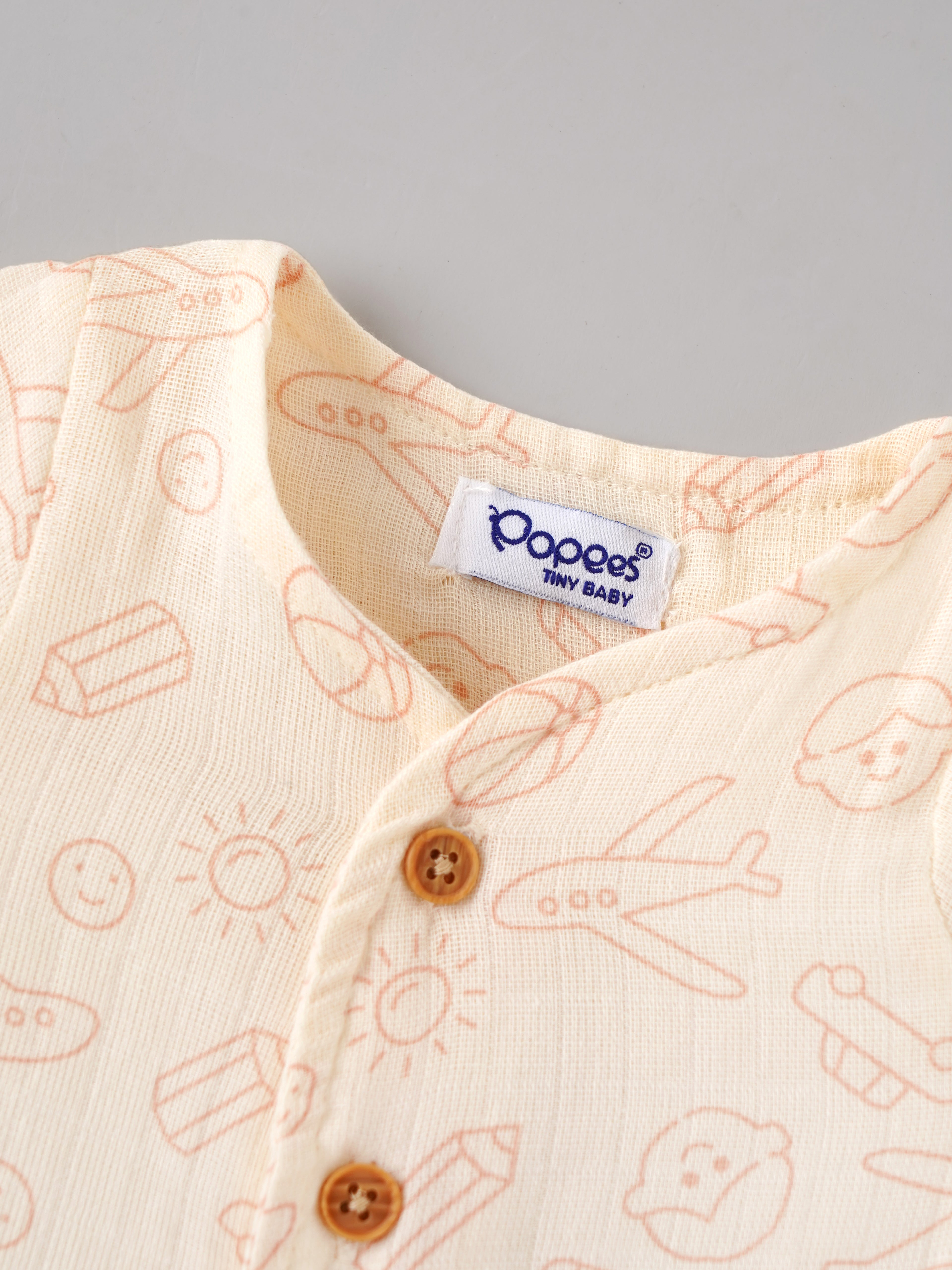 Popees Tiny Baby Printed Muslin Wrap Style Half Sleeve Jhabla for Boys | Soft Breathable Cotton Front Button Top | Cream Multi Print | 0–6 Months