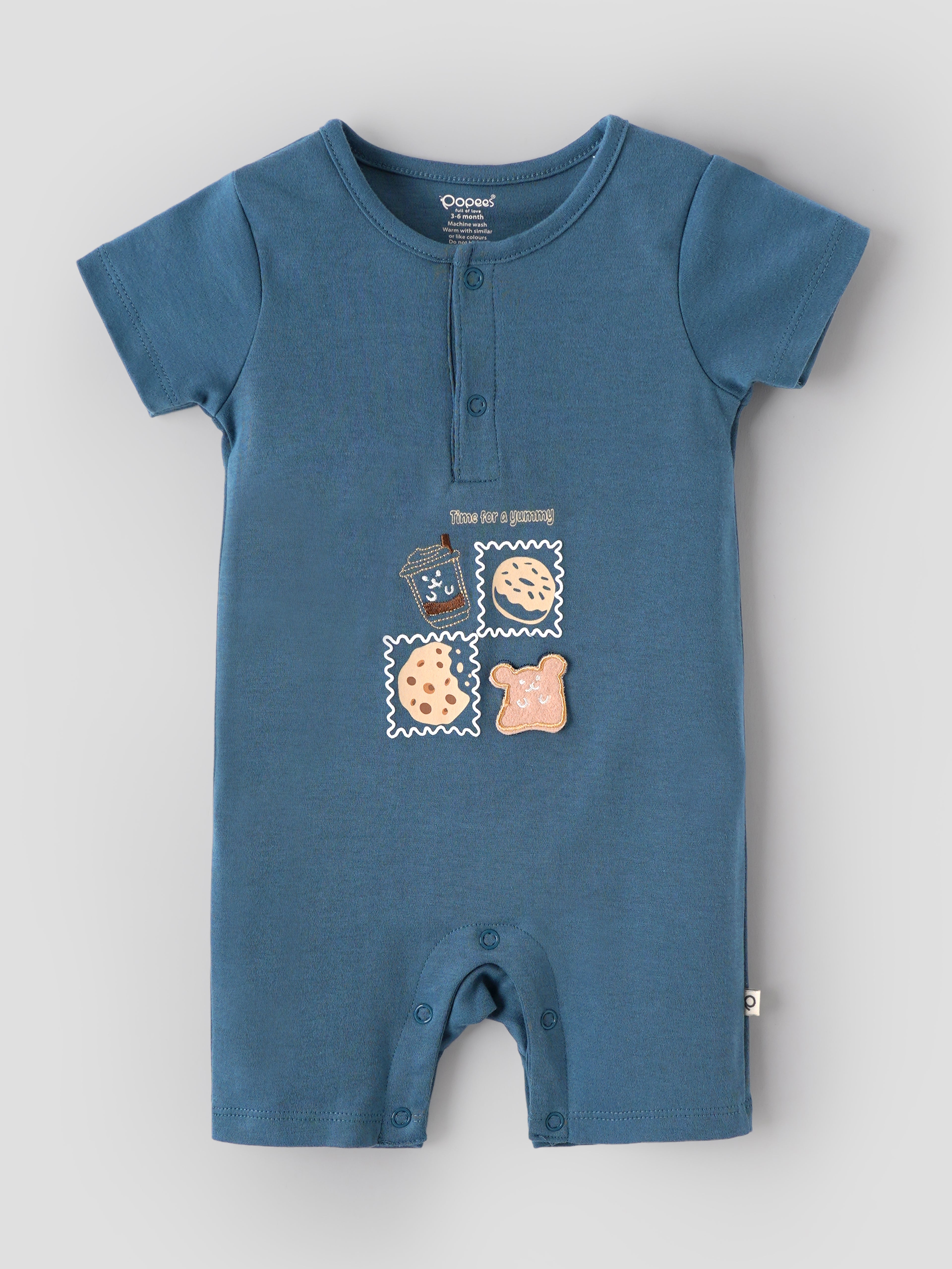 Popees Baby Boys Printed Half Sleeve Romper | Soft Cotton Round Neck | Blue | 0–9 Months