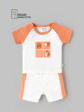 Popees Baby Boys Organic Bamboo Cotton T-Shirt & Shorts Set | Off to Explore Printed Raglan Sleeve Co-Ord Outfit | White & Orange | 0–9 Months