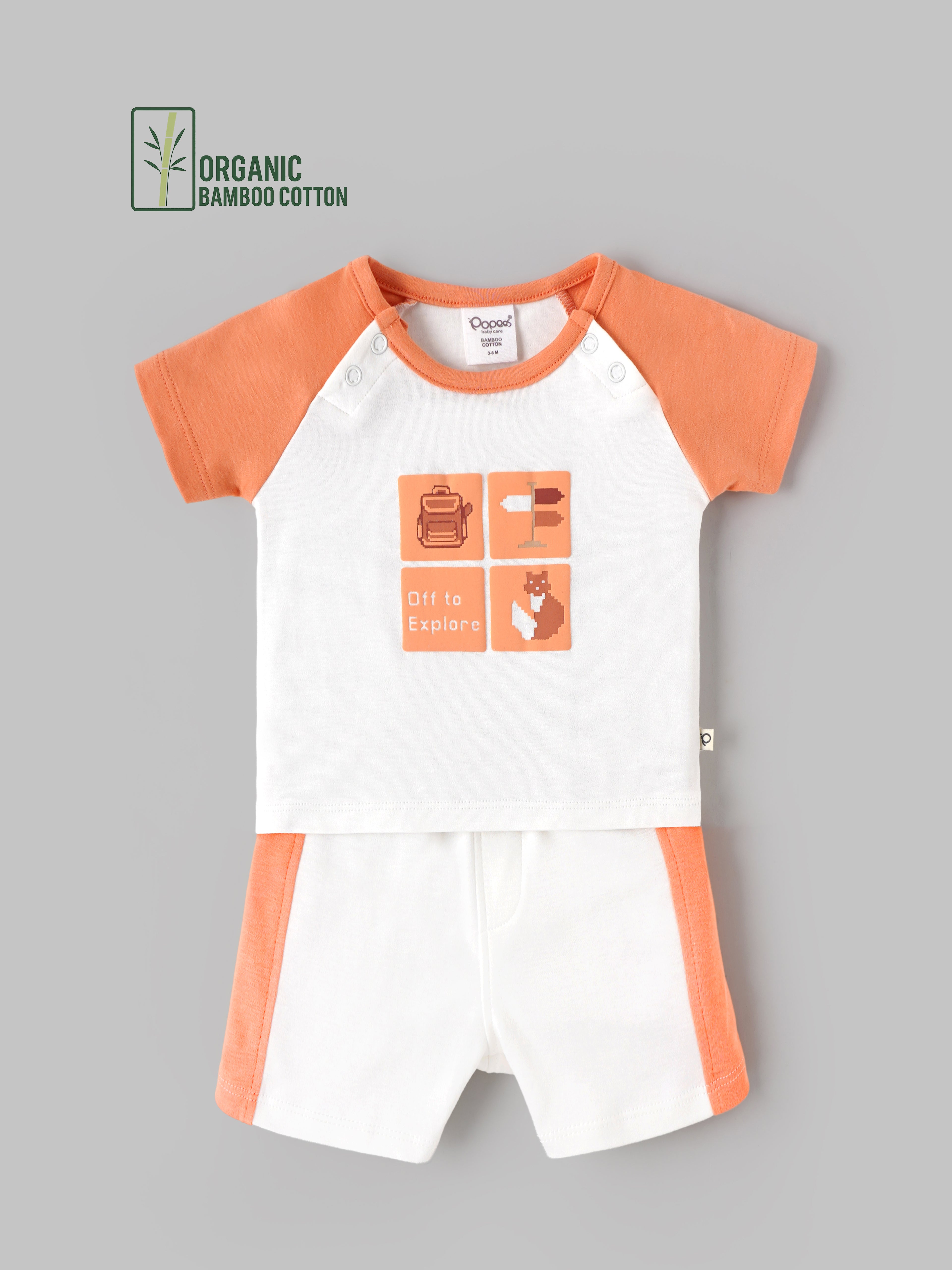Popees Baby Boys Organic Bamboo Cotton T-Shirt & Shorts Set | Off to Explore Printed Raglan Sleeve Co-Ord Outfit | White & Orange | 0–9 Months