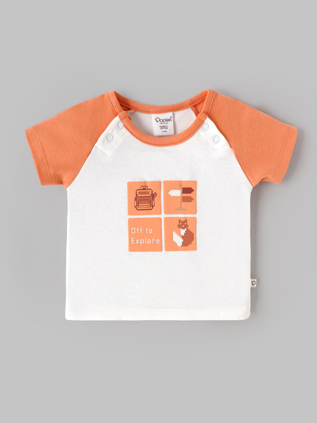 Popees Baby Boys Organic Bamboo Cotton T-Shirt & Shorts Set | Off to Explore Printed Raglan Sleeve Co-Ord Outfit | White & Orange | 0–9 Months