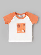 Popees Baby Boys Organic Bamboo Cotton T-Shirt & Shorts Set | Off to Explore Printed Raglan Sleeve Co-Ord Outfit | White & Orange | 0–9 Months